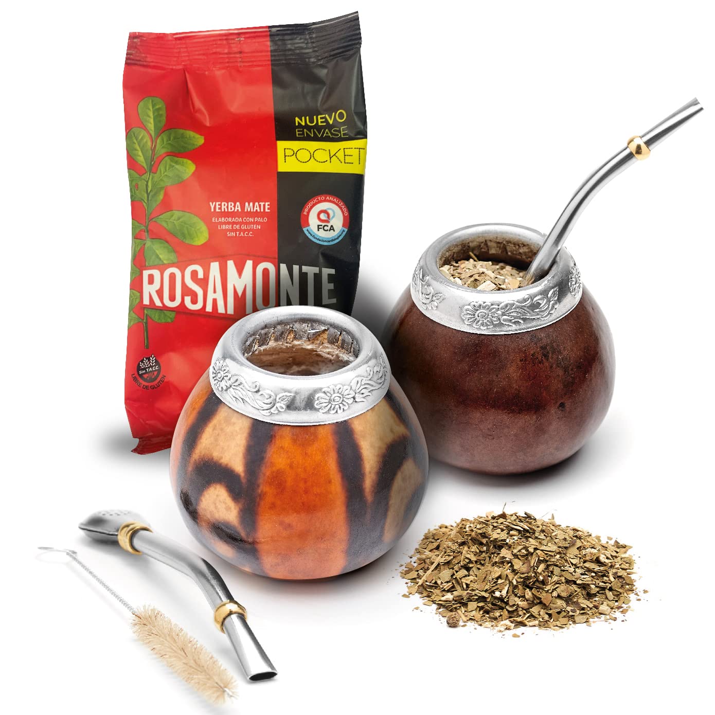 BALIBETOV Set of 2 Yerba Mate Gourd and 1 Pack of 100gr - 3.5OZ of Yerba Mate - Yerba Mate Cup Argentina - 2 Mate Cup, 2 Bombilla, 1 Cleaning Brush, 1 Loose Leaf Yerba Mate bag (DARK BROWN - MAT02)