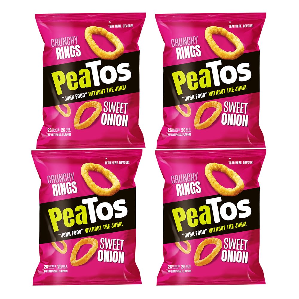 PeaTos Crunchy Rings, Snack Packs, 4 g Protein, 3 g Fiber, Sweet Onion Bags, Gluten Free,2.5 Ounce(Pack of 4) PeaTos are Pea-Based, Plant-Based, Vegan, Gluten-Free, and Non-GMO.