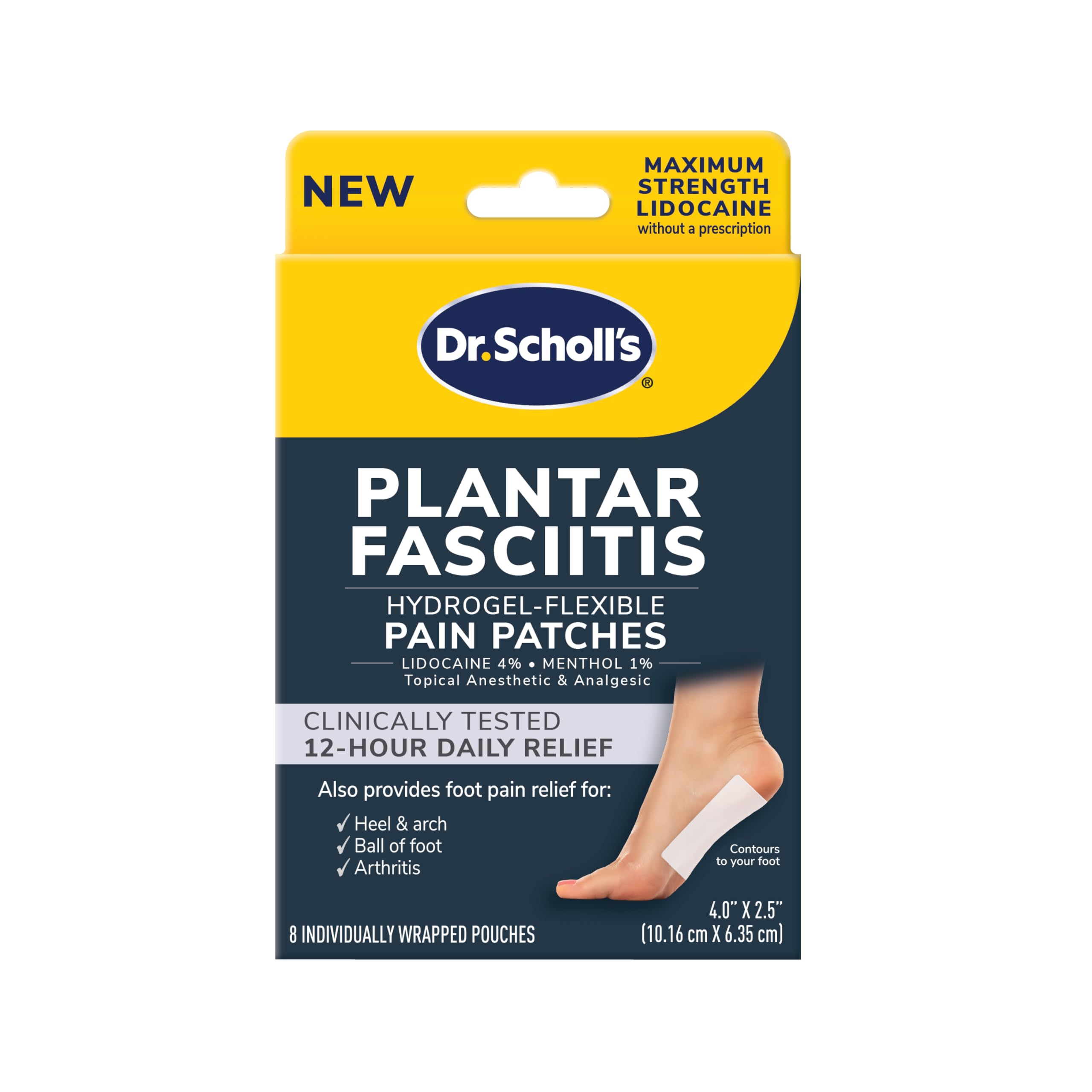 Dr. Scholl's Plantar Fasciitis Pain Patches with Hydrogel Flexible Technology, 8 Ct // Clinically Tested 12-Hour Daily Pain Relief - Contours to Your Foot - with Lidocaine & Menthol, 8 Treatments