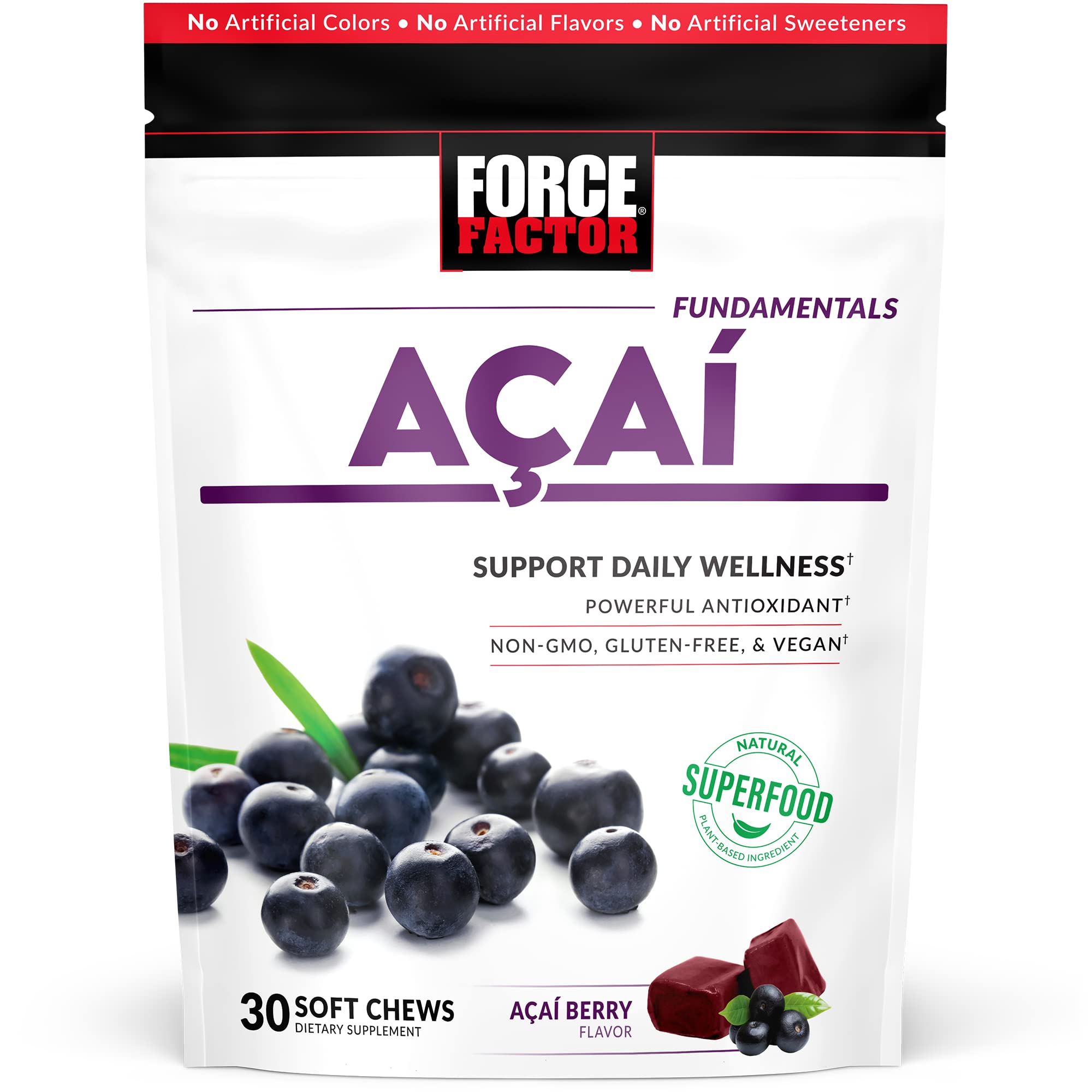 Force Factor Acai Soft Chews for Immune Support, Oxidative Stress Defense, and Daily Wellness, Superfood and Antioxidants Supplement, Non-GMO, Gluten-Free, and Vegan, Acai Berry Flavor, 30 Soft Chews