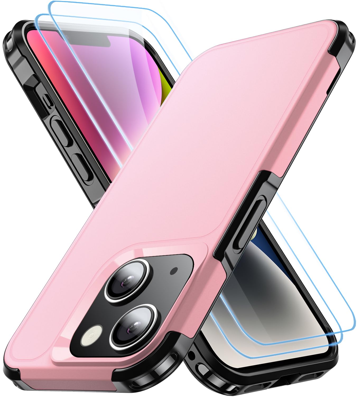 AEDILYS Shockproof for iPhone 14 Case/iPhone 13 Case,[15 FT Military Grade Drop Protection],with 2X [Tempered Glass Screen Protector ] Slim & Tough Full-Body Protective Phone Case,Pink black