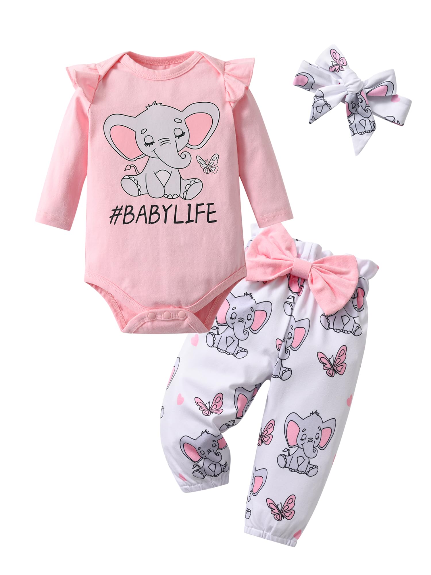 KuKitty Newborn Baby Girl Clothes Long Sleeve Letter Print Romper Bow Pants Headband Infant Girls 3Pcs Outfits Set