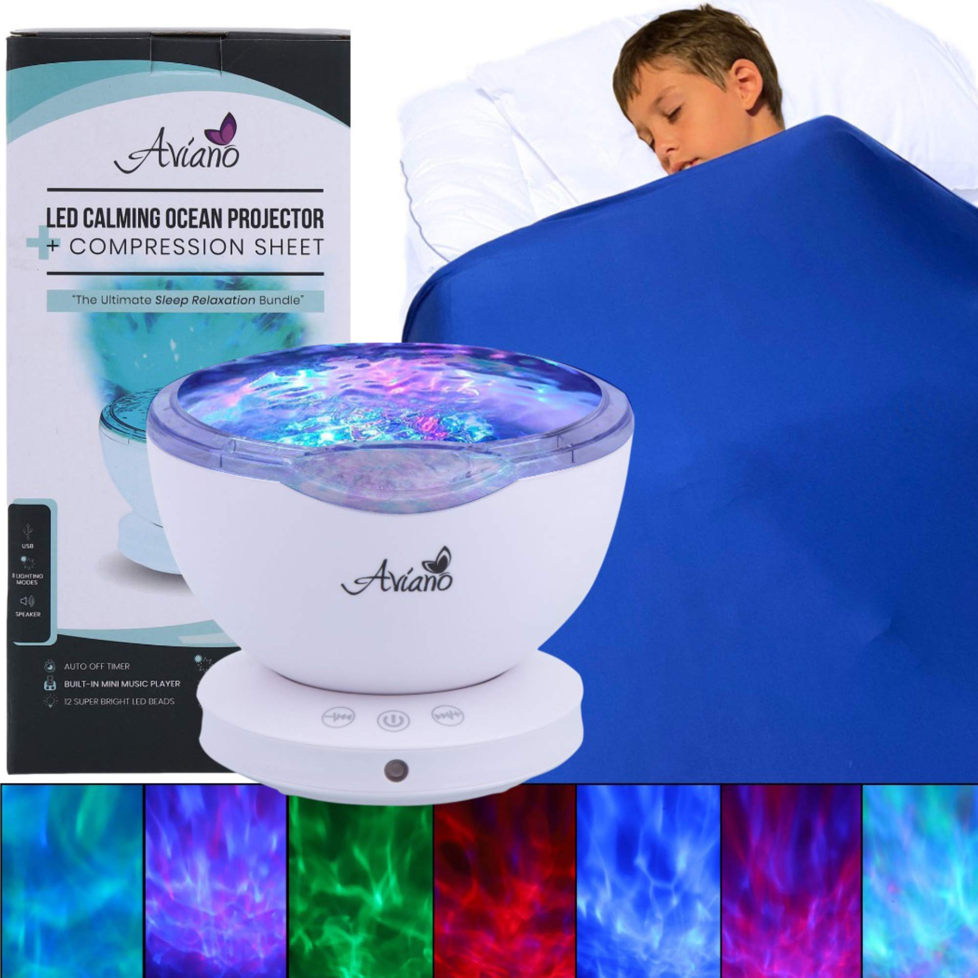 Wave Light Projector for Autism Sensory Toys ââ‚¬â€œBundle with Blue Compression Sensory Blanket ââ‚¬â€œFeatures 7 Sensory Lights, 6 Relaxing Sounds with AUX Cableââ‚¬â€œ LED Color Stimulation for Autism Gifts