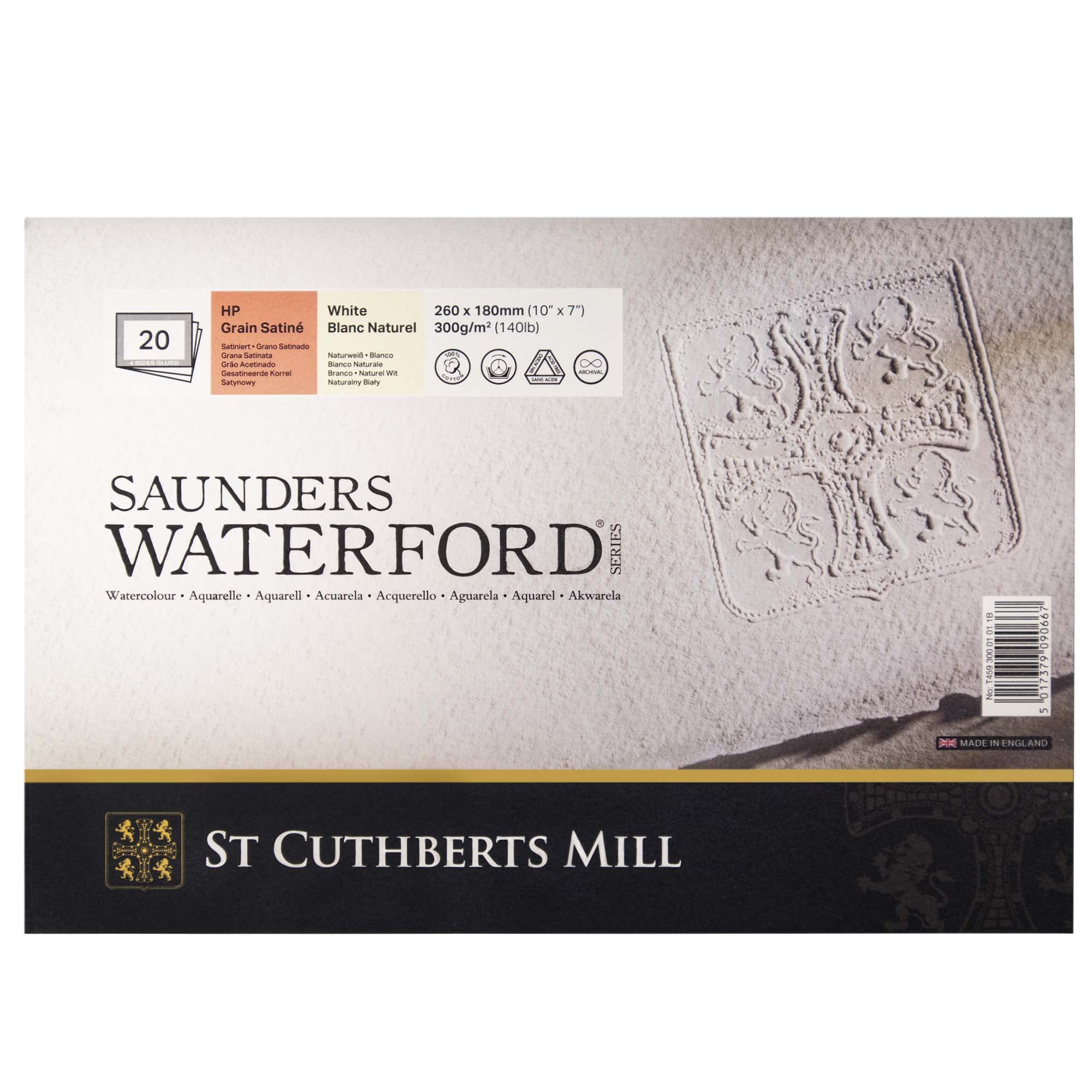 St. Cuthberts Mill Saunders Waterford Watercolor Paper Block - 10x7-inch White 100% Cotton Watercolor Paper - 20 Sheets of 140lb Hot Press Watercolor Paper for Gouache Ink Acrylic Charcoal and More