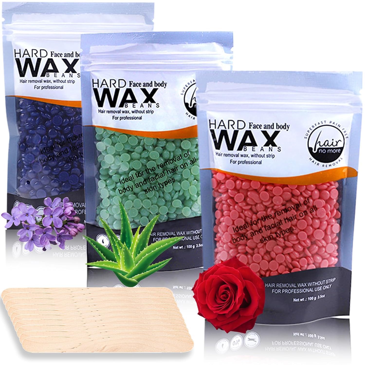 Hard Wax Beads (3 Pcs), Hair Removal Waxing Beads with Lavender, Rose & Aloe Vera Formula – Suitable for Full Body & All Hair Types – At-Home Waxing for Women & Men