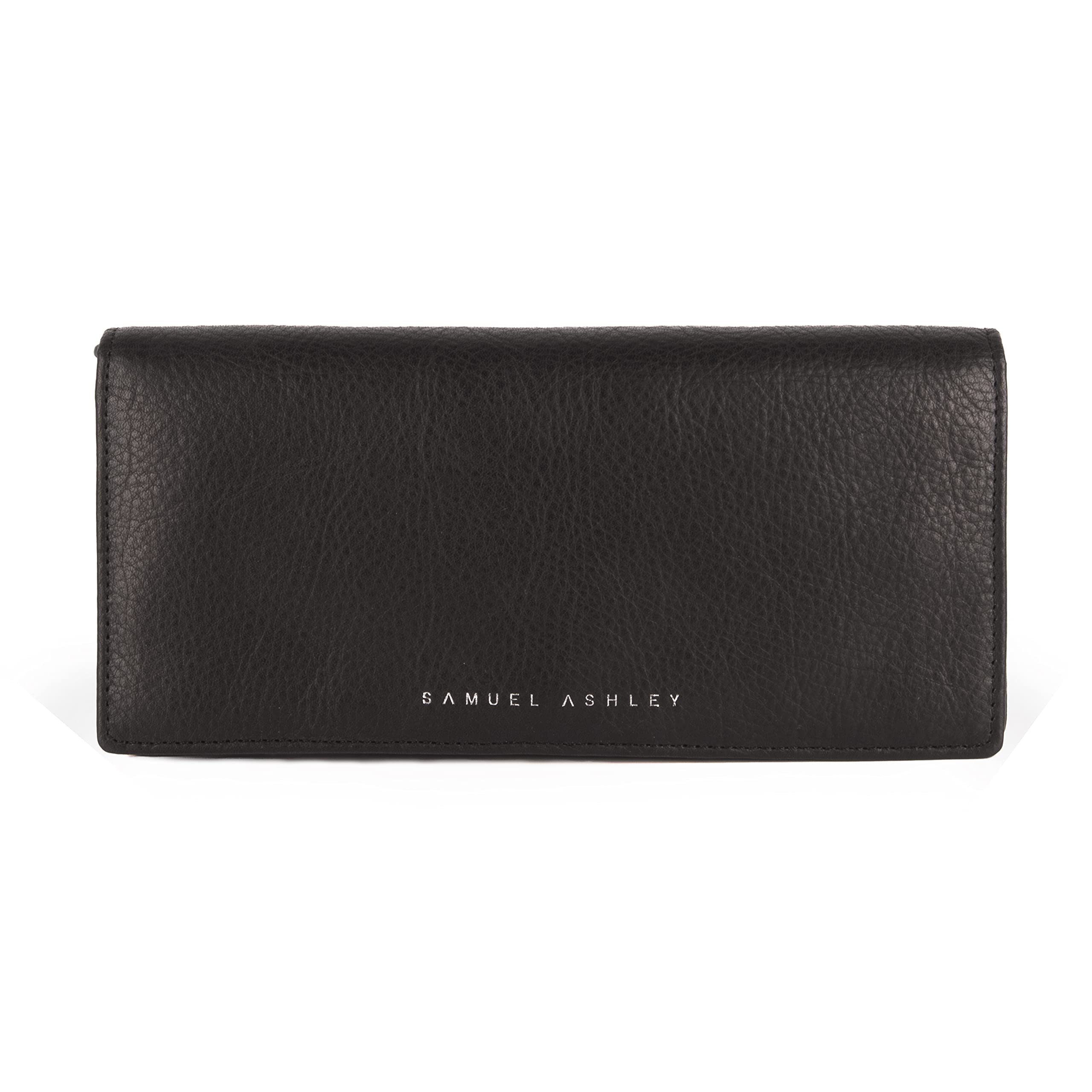 Samuel Ashley Georgia Women's Long Cow Hide Leather Wallet Black Brandy Raisin SA-W2007, Black, One size, Minimalist