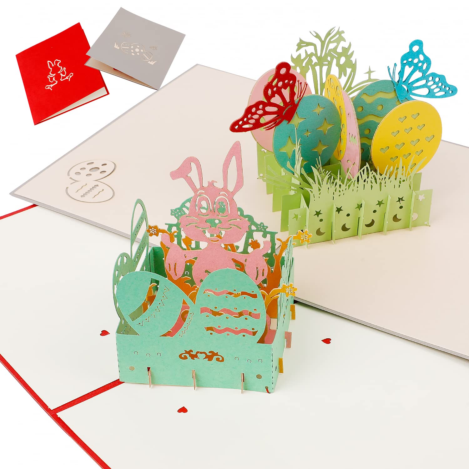 2 Pack Easter Greeting Cards with Envelopes 3d Cards Pop Up,Assorted Easter Eggs and Easter Bunny Pattern