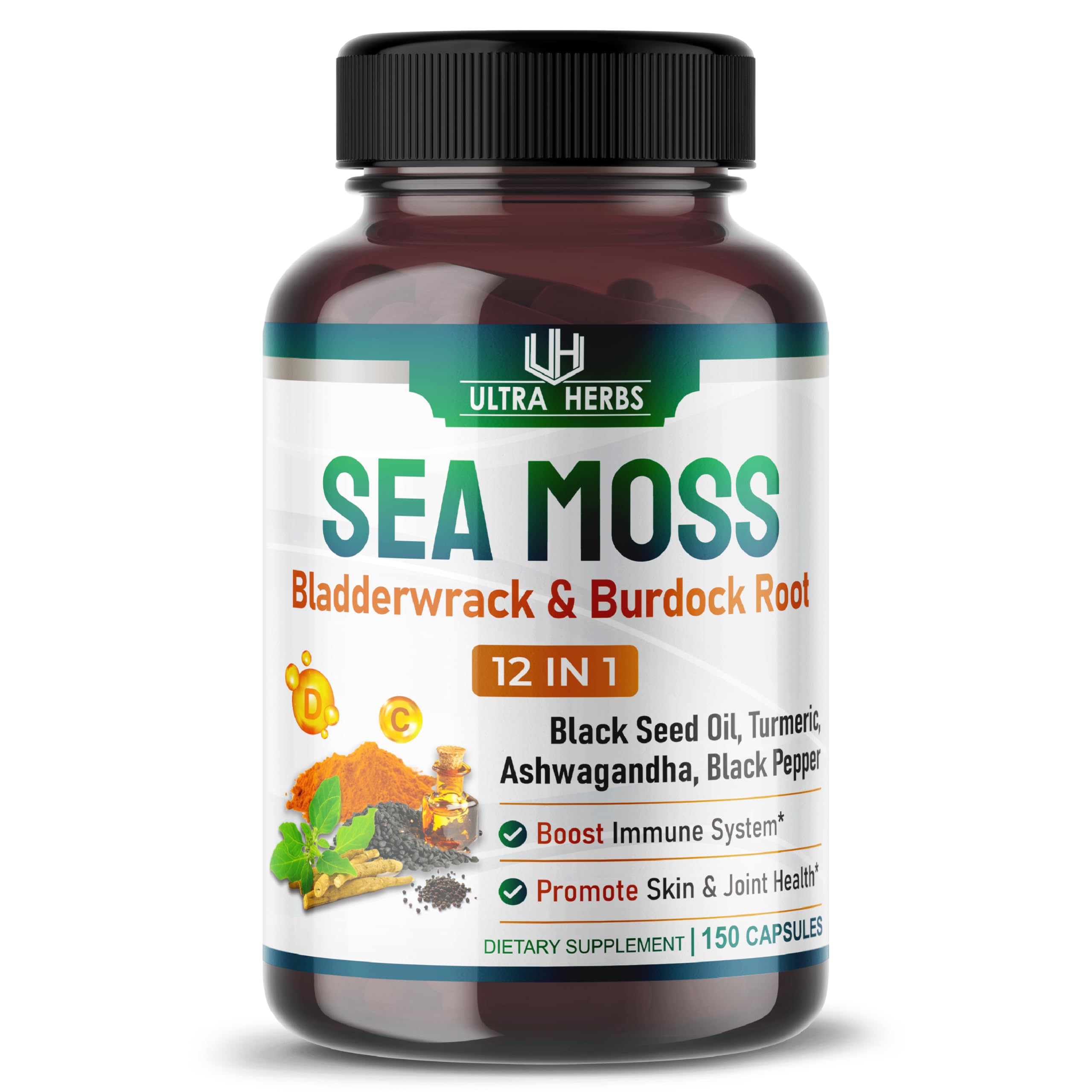 ULTRA HERBSOrganic Sea Moss Capsules 12,900mg with Black Seed Oil, Ashwagandha, Burdock Root, Bladderwrack for Immune System, Gut, Skin & Energy *USA Made & Tested* (150 Count (Pack of 1))