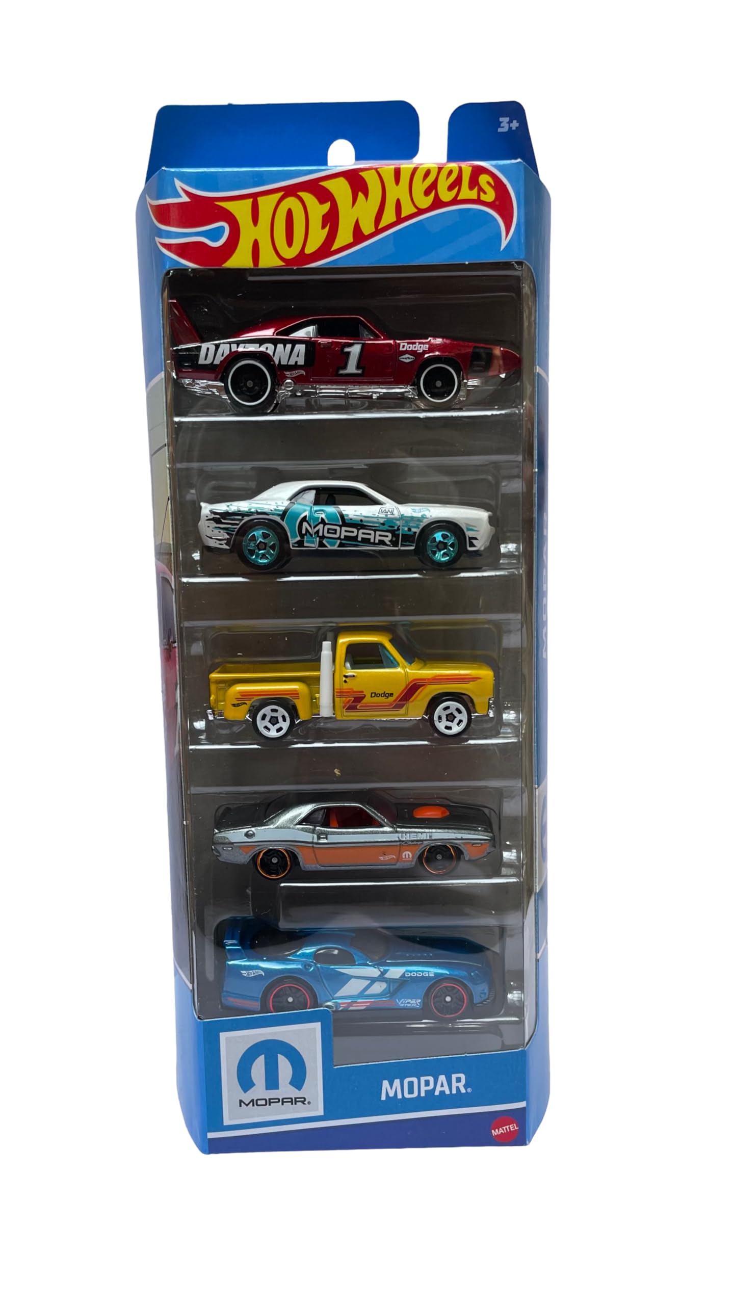 Hot Wheels Car 2024 Mopar Pack of 5 (2008 Dodge Challenger SRT8, 1970 Dodge Hemi Challenger, Dodge Viper GTS R, 1978 Dodge LI'L Red Express Truck, 1969 Dodge Charger Daytona) Multi - Color