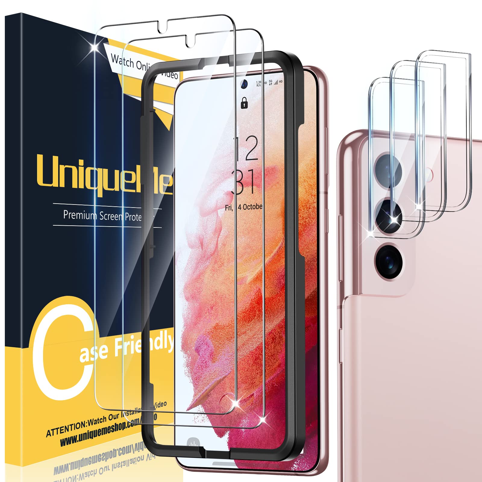 UniqueMe [2+3 Pack Compatible with Samsung Galaxy S21 5G - 6.2 inch Tempered Glass + Camera Lens Protector Screen Protector with Easy Installation Frame[9H Hardness][Not for Samsung S21 Plus]