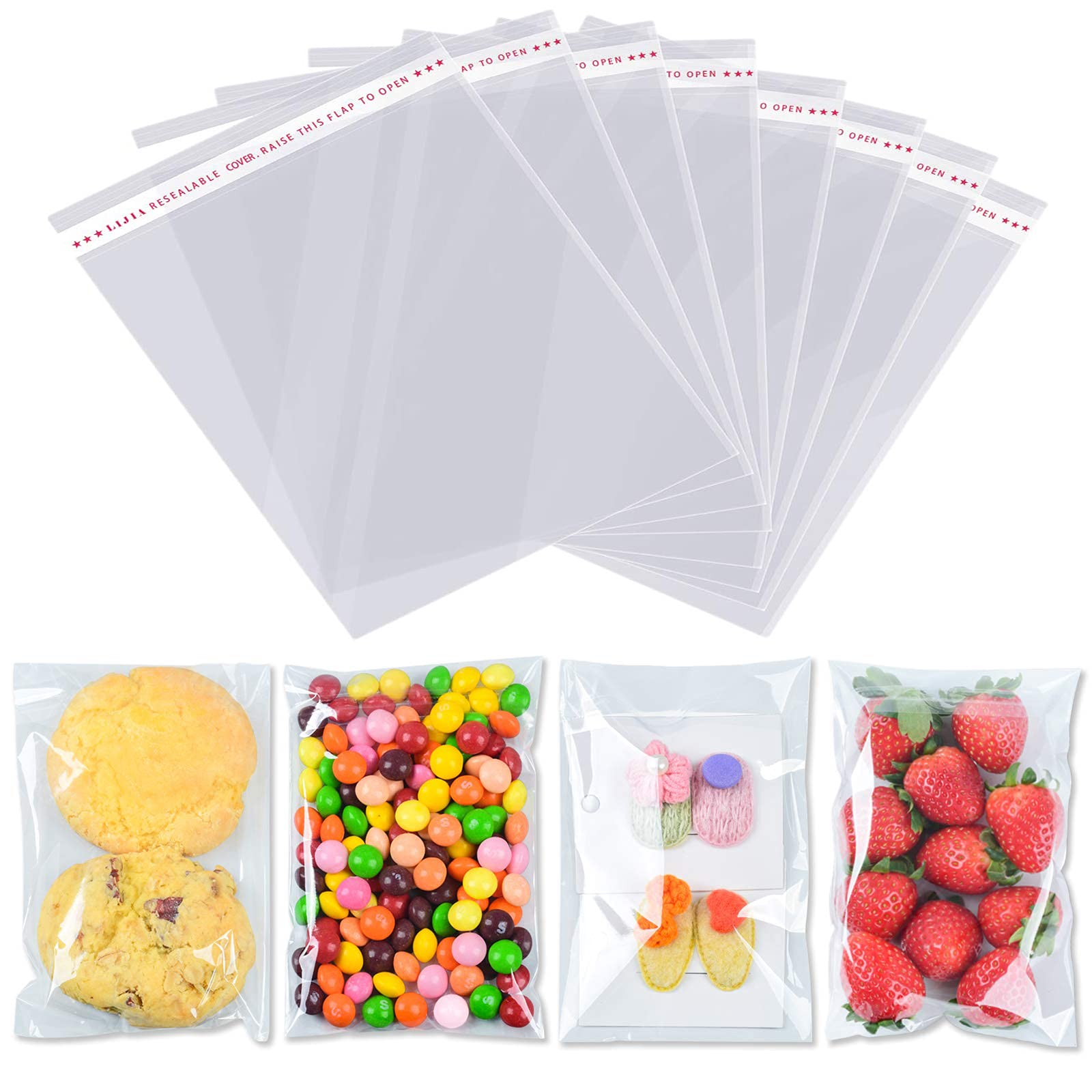 KASTWAVE Clear Cellophane Bags, 100 Pcs Large Resealable Self-Adhesive Food Grade Sealing Treat Bags OPP Plastic Bag for Candy, Soap, Cookie, Chocolates, Lollipop, Bulk, Snacks, Bread 10 x 18 cm