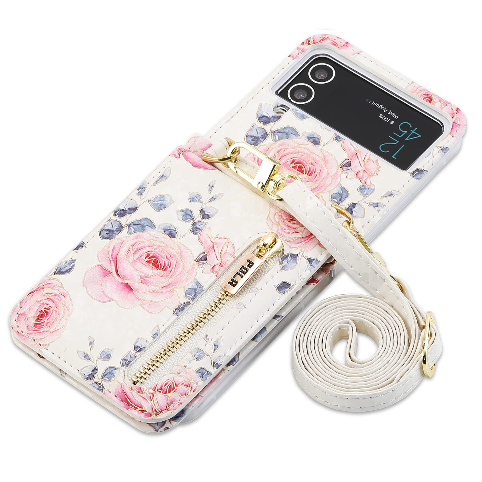 SZHAIYU Flower Wallet Purse for Samsung Galaxy Z Flip 4 5G Crossbody Case with Credit Card Holder Strap Lanyard Women Floral Kickstand Flip Leather Zipper (White,Z Flip 4)