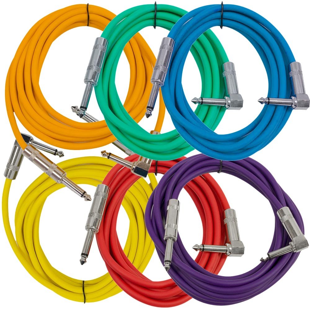 Seismic Audio Speakers Guitar Cables, Right Angle To Straight Guitar Cables, Multicolor, 10 Feet, 6 Pack