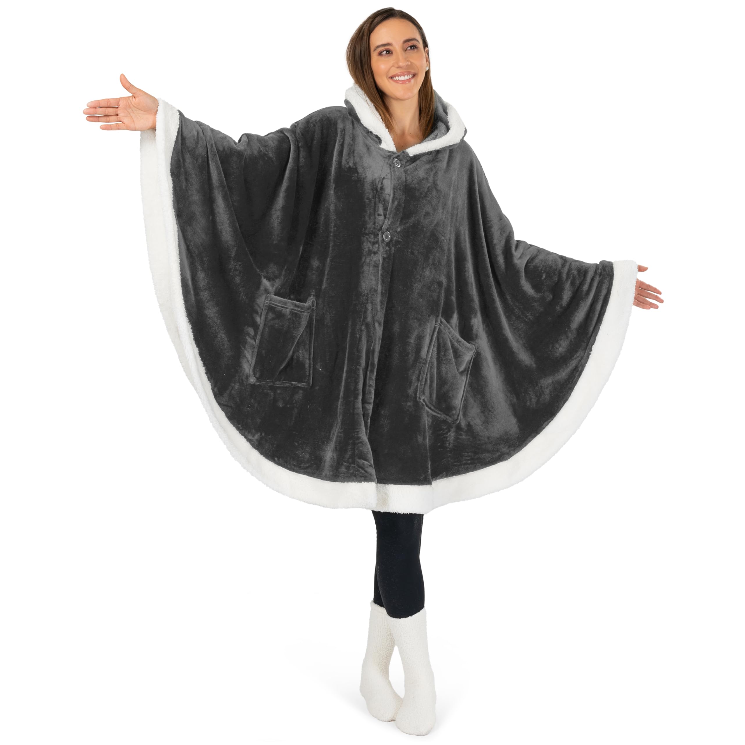 PAVILIA Wearable Blanket for Adult Women, Cozy Plush Fleece Blanket Poncho Cape with Hood, Super Soft Shawl, Angel Wrap Throw for Office, Dark Gray