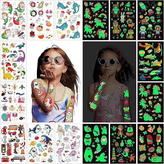 Beyondluv Party Favors For Kids Birthday - 400Pcs Glow In The Dark Temporary Tattoo kids/Kids Return Gifts For Birthday Party Kids, Pinata Fillers, Stocking, Giveaways Favors/Mini Toys Boys Girls