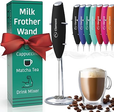 Elementi Milk Frother Wand & Drink Mixer - Coffee Frother Handheld - Mini Frother with Stand - Milk Frother Handheld - Coffee Stirrers Electric Matcha Frother & Milk Foamer (Black)