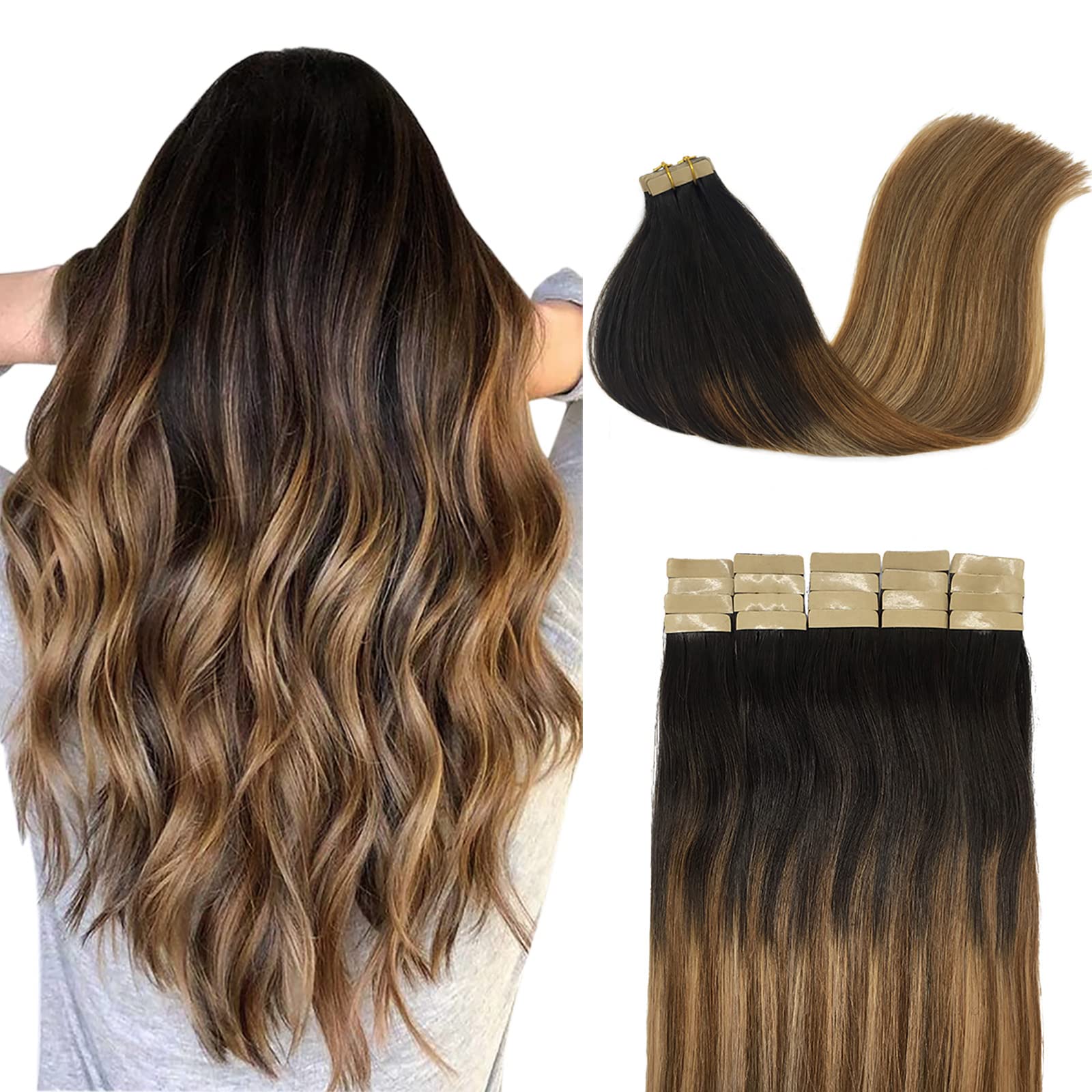 Tape in Hair Extensions Human Hair, Dark Brown to Dirty Blonde 12 Inch 40g 20pcs, DOORES Hair Extensions Tape in Human Hair Remy Straight Hair Extensions for Women