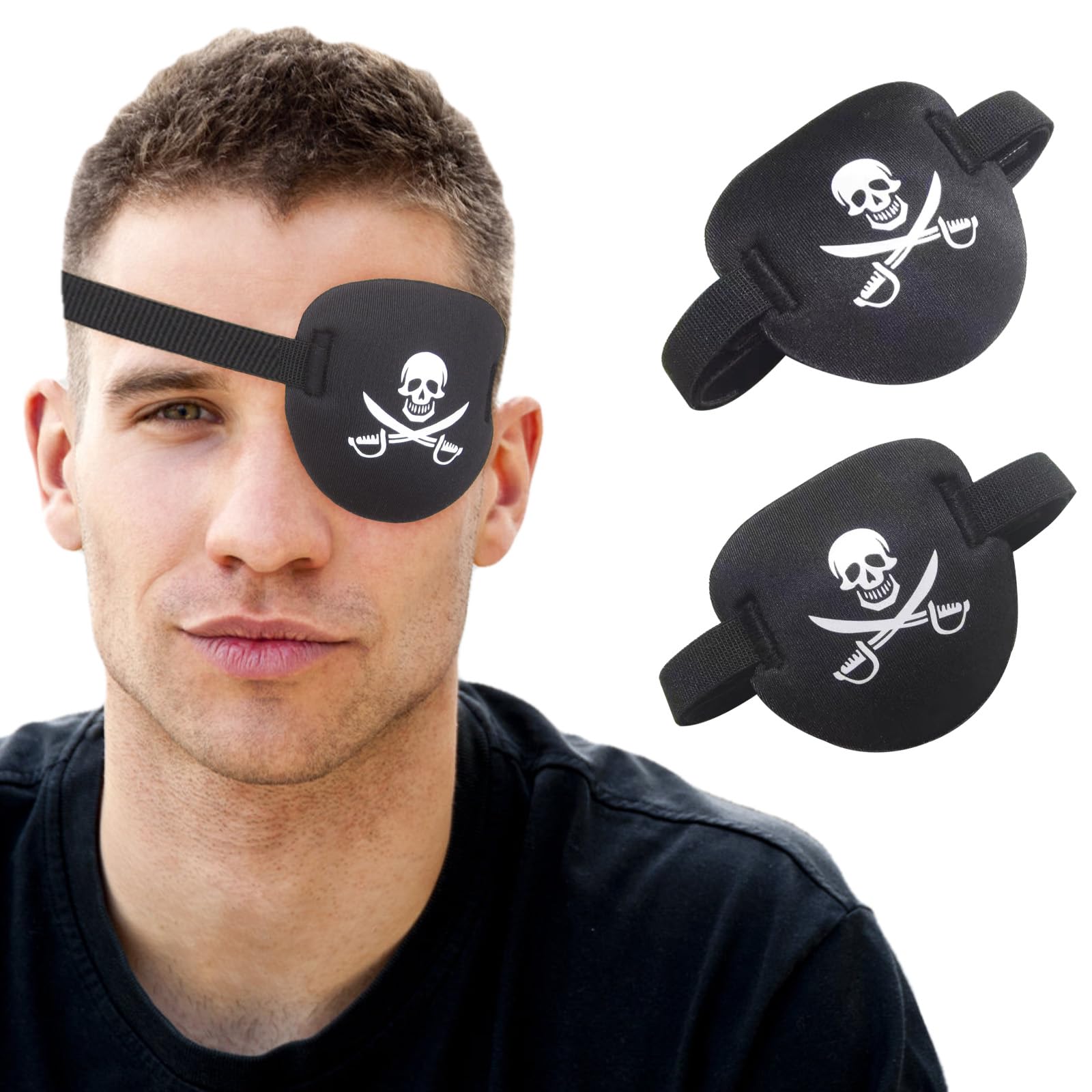 2 pcs Pirate Eye Patch,3D Black Eye Patches for Adults and Kids,Medical Eye Patch for Left or Right Eye,Adjustable Eyepatch for Lazy Eye,Skull Crossbone Halloween Costume