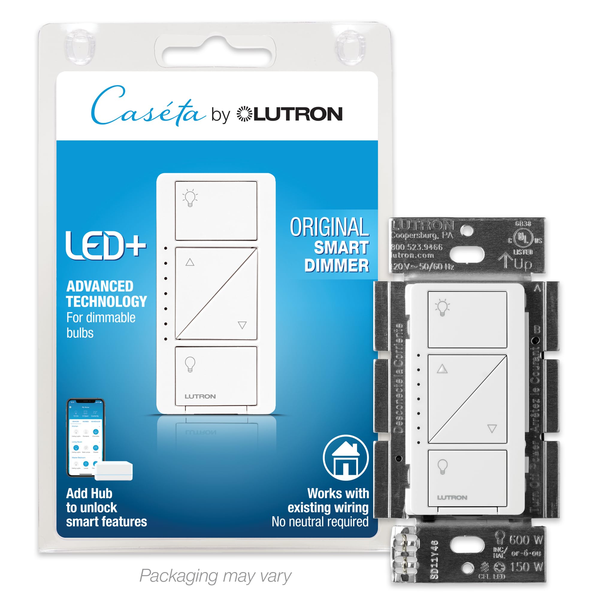 Lutron Caseta Smart Lighting Original Dimmer Switch, for Light Bulbs, Works w/ Alexa, Apple Homekit, Google Home (Hub Required), 150W Single-Pole/3-Way, No Neutral Required, PD-6WCL-WH, White