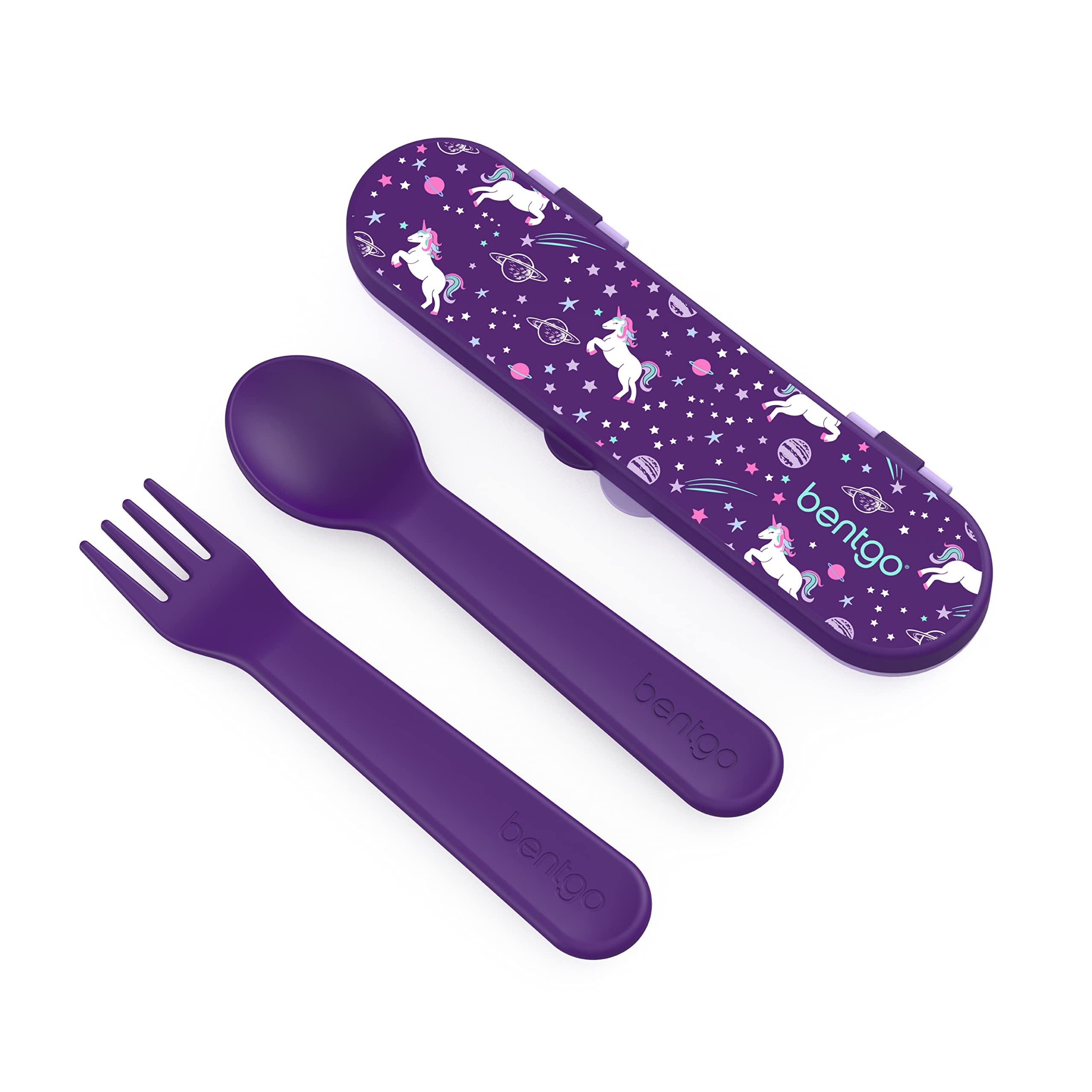 BentgoKids Utensil Set - Reusable Plastic Fork, Spoon & Storage Case - BPA-Free Materials, Easy-Grip Handles, Dishwasher Safe - Ideal for School Lunch, Travel, & Outdoors (Unicorn)