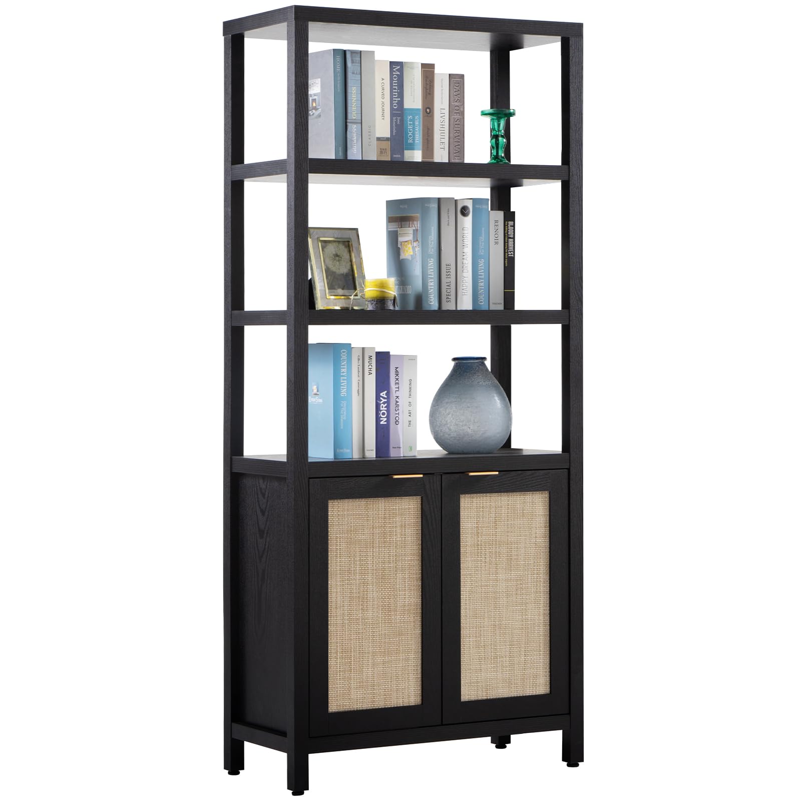 SICOTASBookshelf 5 Tier Book Shelf Rattan Boho Tall Bookcase with Doors Storage Wood Shelves Large Bookshelves Farmhouse Bookcases Book Case for Living Room Bedroom Library Office Kitchen (Black)