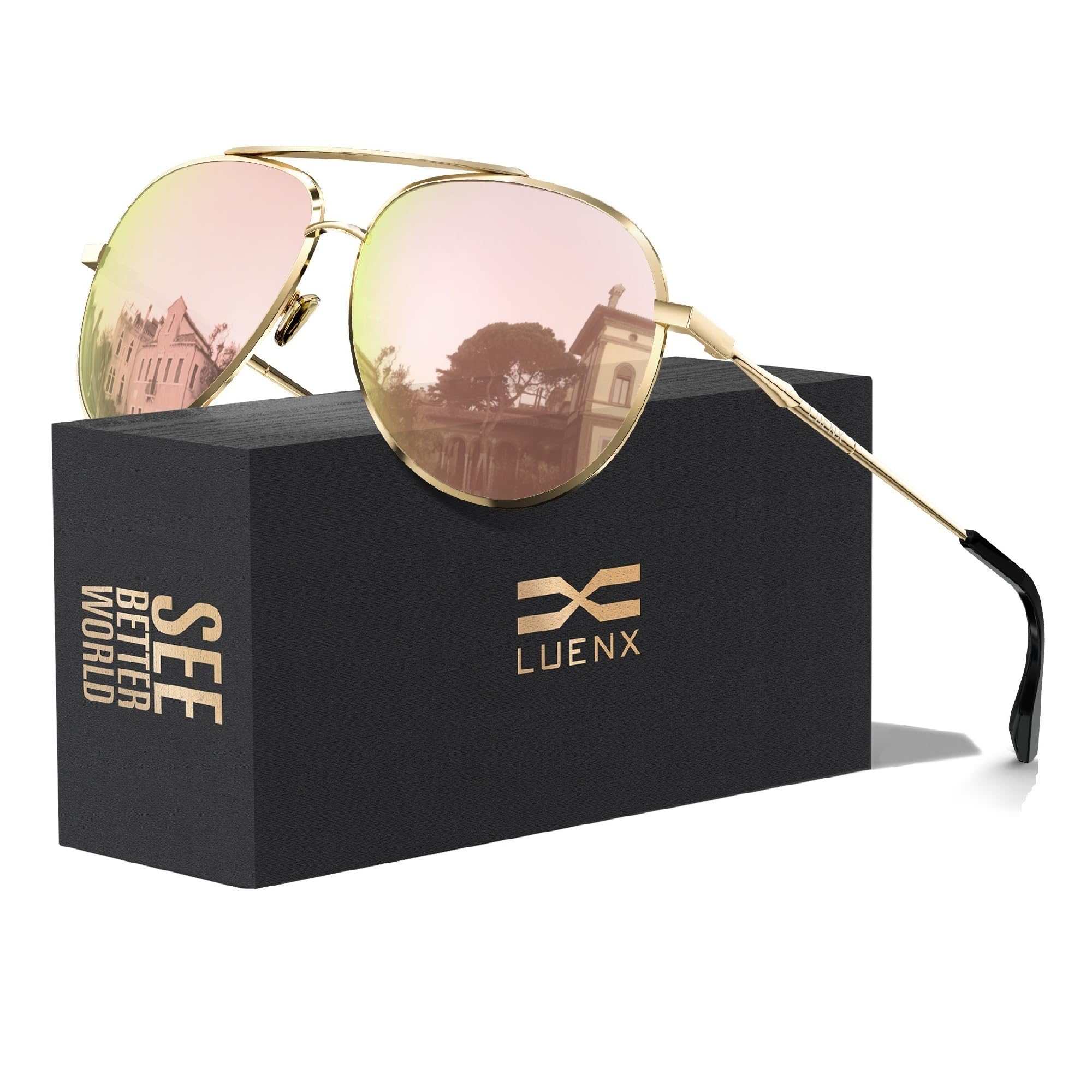 Womens Mens Sunglasses Aviator Polarized Pink Mirror by LUENX - UV 400 Protection Plastic Lens Metal Gold Frame 60mm