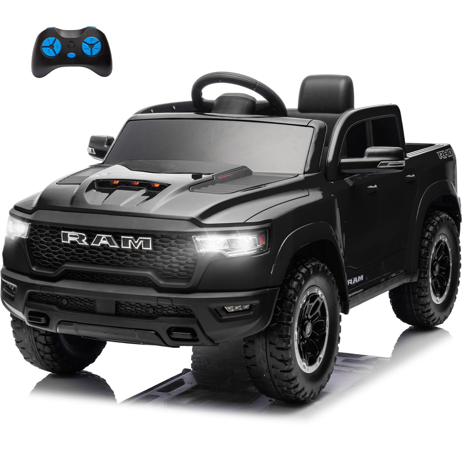 SEGMARTLicensed Ram 1500 RHO Ride on Truck, 12V Ride-on Electric Truck for Kids with Remote Control, Battery Powered with Car Key/Gear Selector, LED Light/Music/MP3, Back Storage (Black)