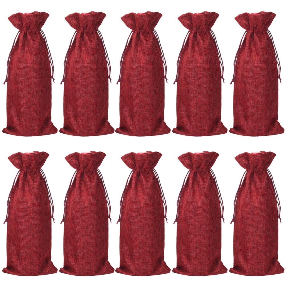 Jute Wine Bottle Bags with Drawstring, 10pcs 14 x 6 1/4 inch Festive Bottle Bags for Party (Red)