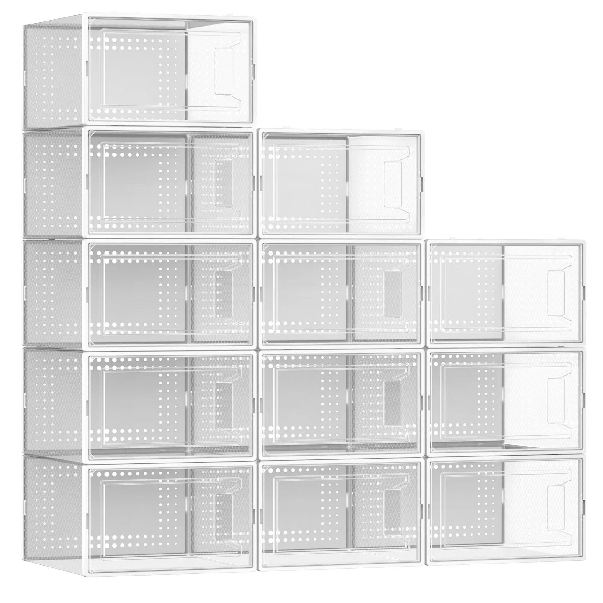 12 Pack X Large Shoe Organizer Storage Boxes for Closet, Modular Space Saving Shoe Boxes Clear Plastic Stackable Sneaker Containers Display Case with Lids, White