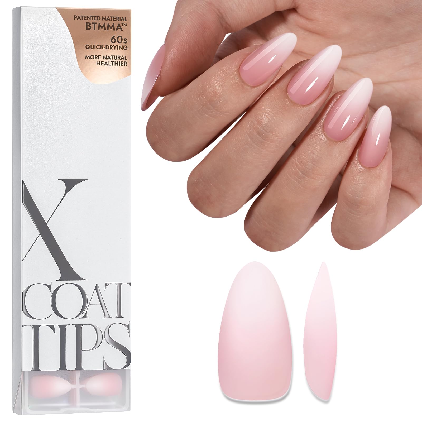 btartboxnailsXCOATTIPS Ombre Nails - Press on Nails Medium, 150Pcs Almond Nail Tips Pink White Gradient Soft Gel False Nail Tips Soak Off Fake Nails Extensions DIY 15 Sizes