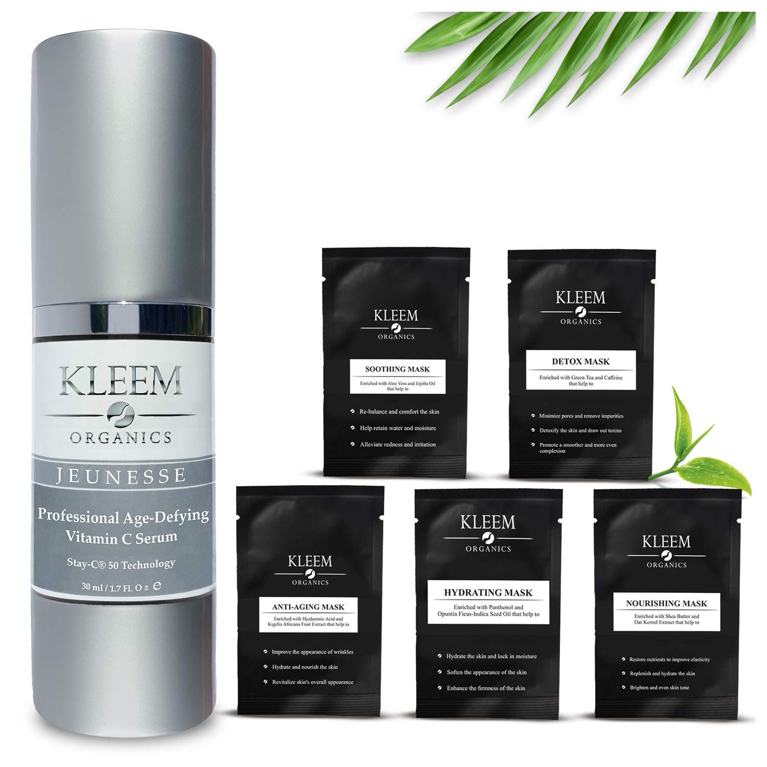 Kleem Organics [US Exclusive Edition] Vitamin C Serum + Face Masks Bundle Pack Skin Care - The Best Skin Care Bundle on Amazon - Natural Skin and Face Care for Women and Men