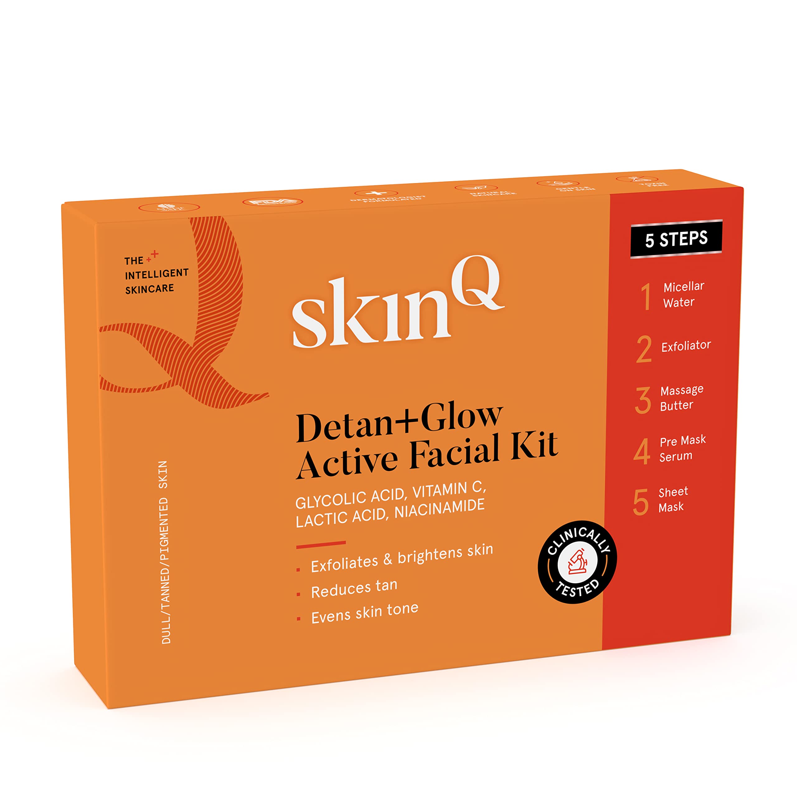 SkinQDetan+Glow Active Facial Kit with Vit C & Niacinamide for Men & Women (Single Use) | Helps Reduce Tan, Unclogs Pores, Smoothens & Brightens Skin | Skin Care Kit Suitable for All Indian Skin