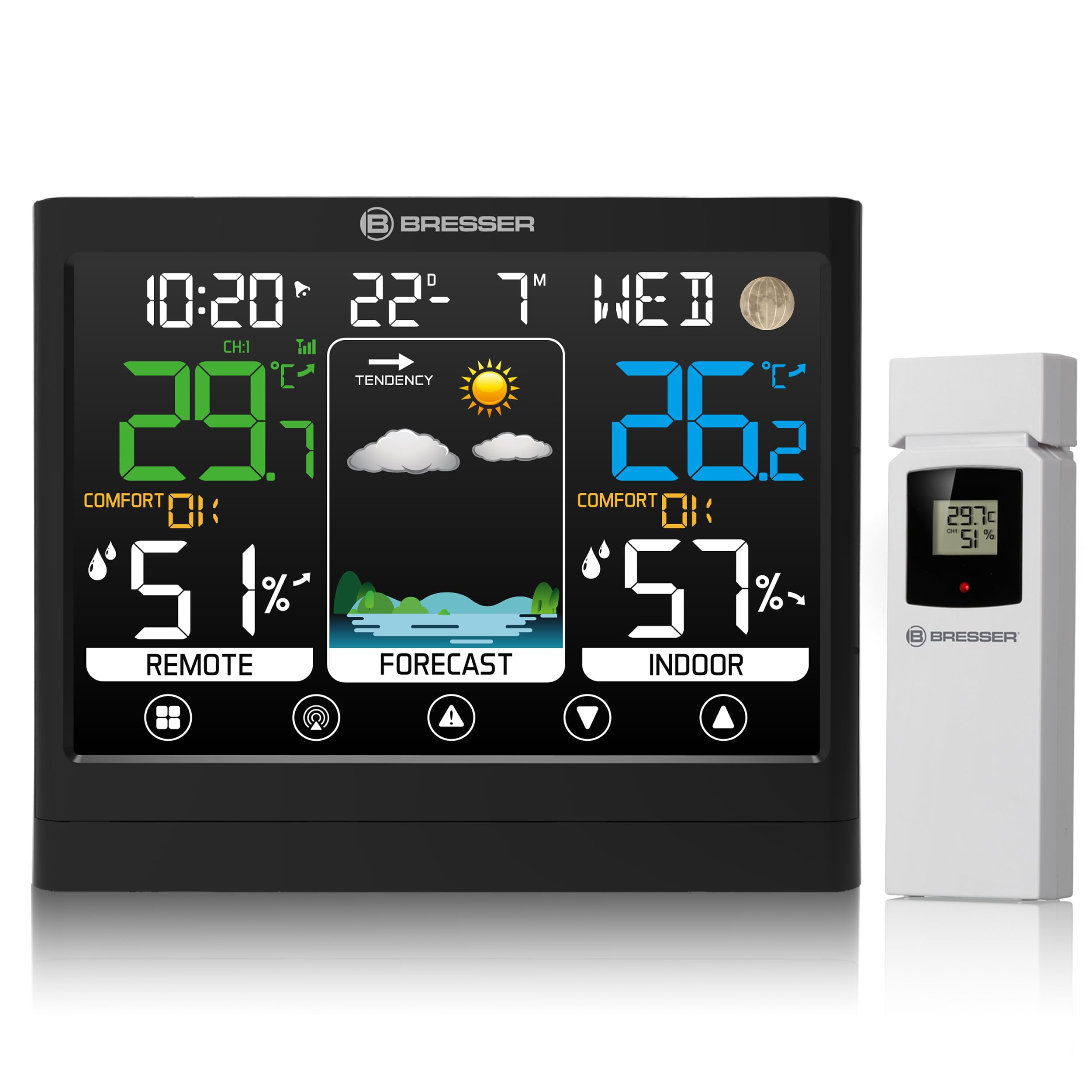 BRESSERMeteoTemp BF Wireless Weather Station with Touch Display, Outdoor Sensor, Weather Forecast, Room Climate Indicator, Temperature, Humidity and Reception of DCF Time Signal, Alarm Clock