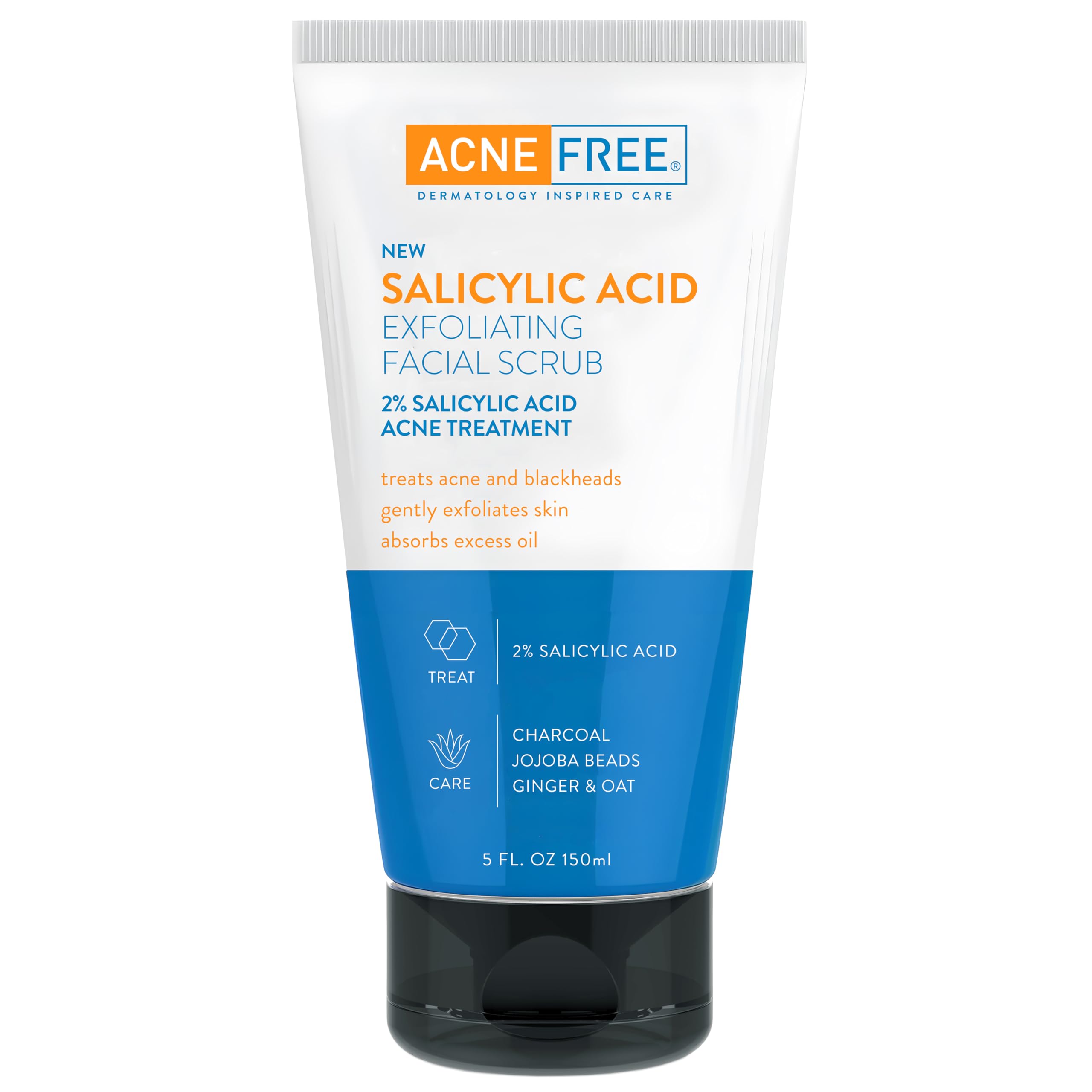 Acne Free Salicylic Acid Exfoliating Face Scrub, 2% BHA Blackhead Remover & Acne Treatment, Deep Cleanse with Charcoal & Jojoba Beads, Gentle Exfoliation with Ginger & Oats, 5 Ounce