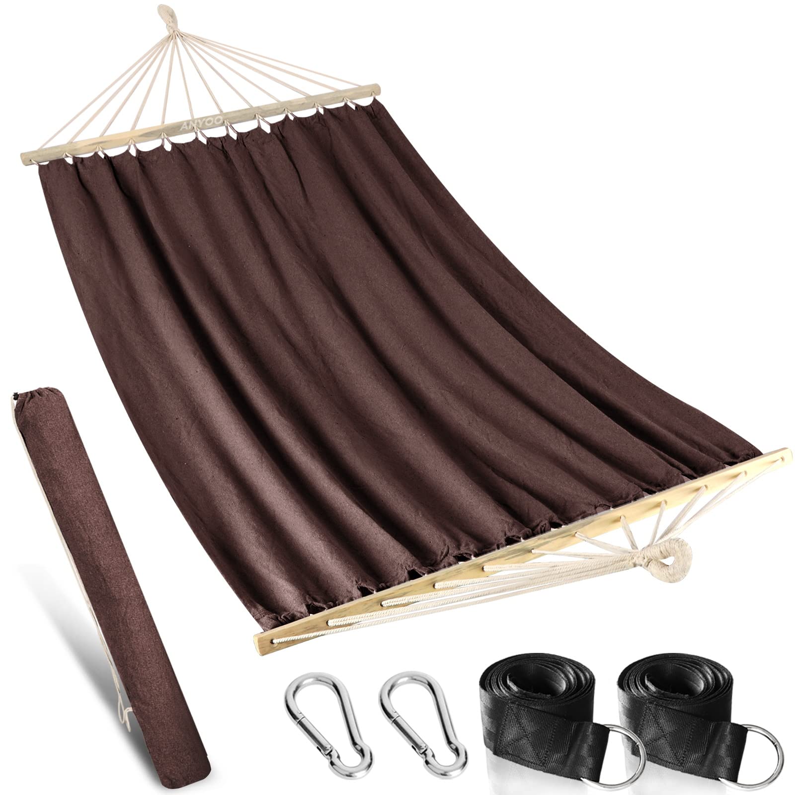 AnyooOutdoor Garden Hammock with 120CM Wooden Spread Bars, Large Cotton Hammock with Portable Carry Bag and Hanging Straps, Perfect for Patio Yard Beach Camping