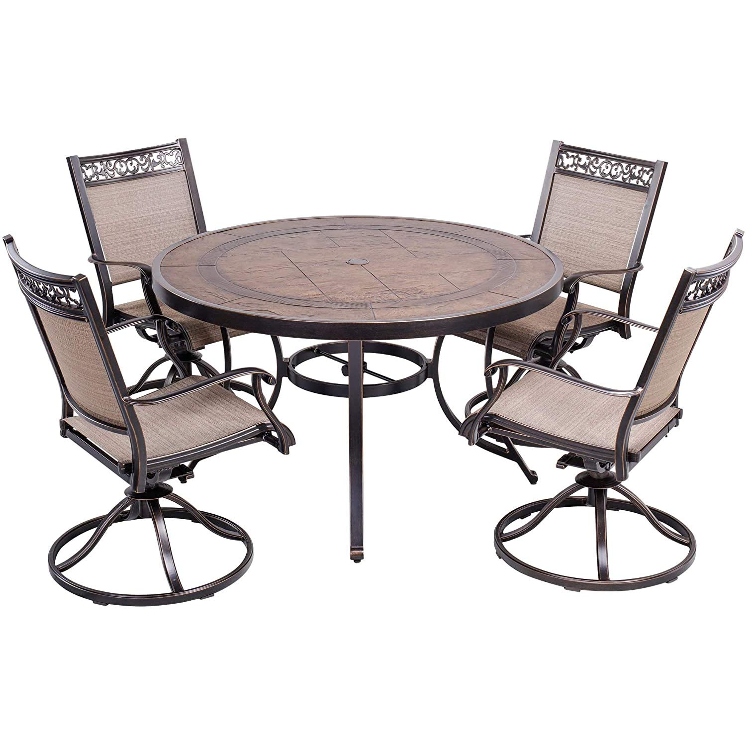 5 Piece Patio Dining Set Outdoor Furniture, Aluminum Swivel Rocker Chair Sling Chair Set & 48 inch Round Crafttech Top Aluminum Table with Umbrella Hole