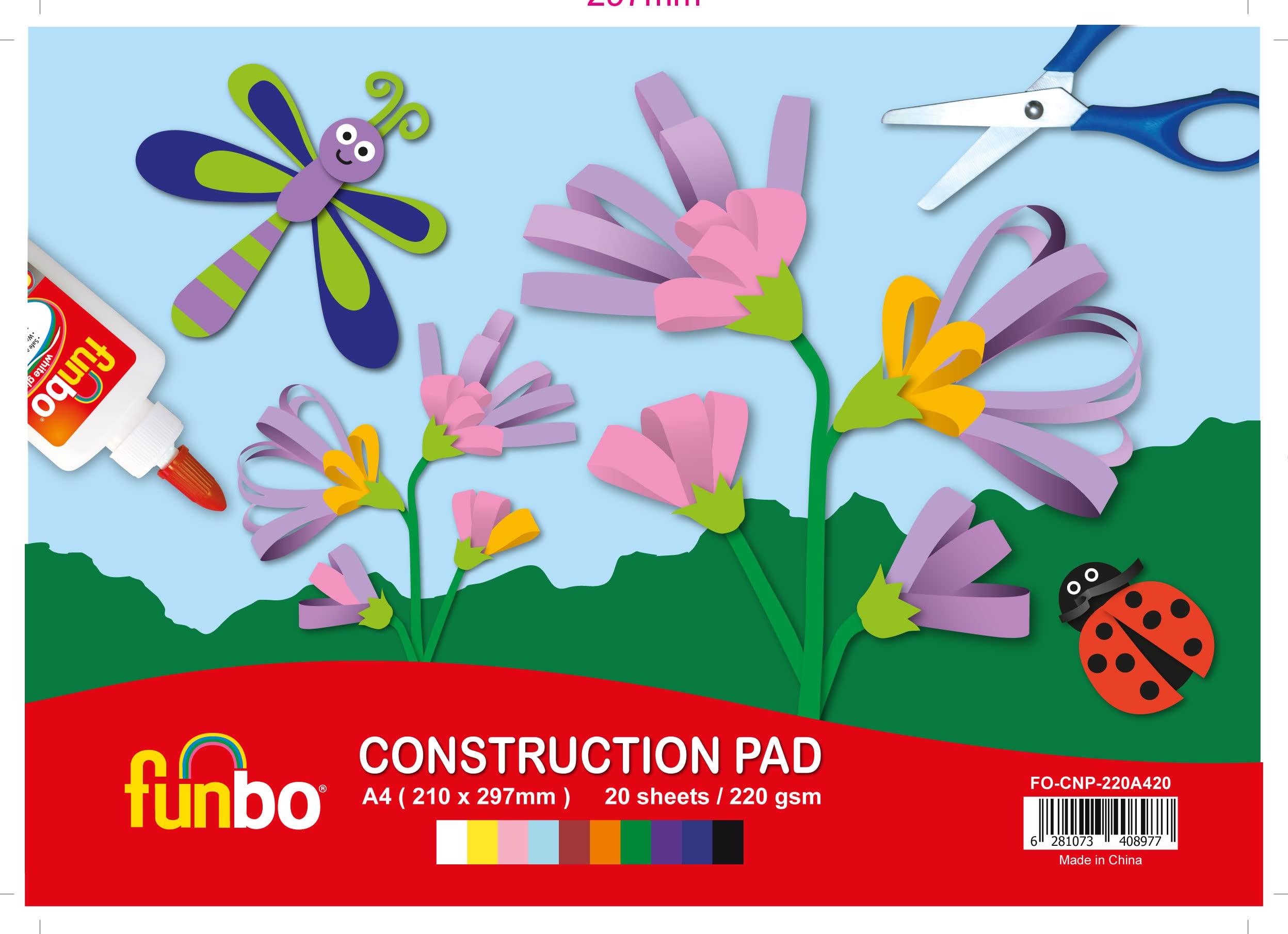 Funbo 220 Gsm 20 Sheets Construction Pad, A4 Size, 10 Assorted Colours