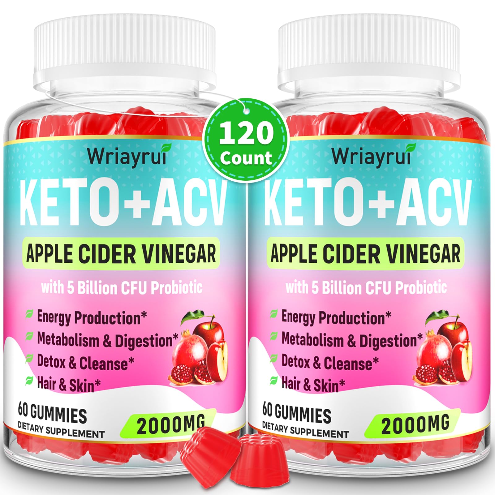 Apple Cider Vinegar Gummies, Fast Ripped Keto ACV Gummies, Max Strength 2000mg, Formulated with Green Tea, Probiotics, B6 & B12, ACV Gummies for Metabolism, Digestion, Detox & Cleanse, 120 Gummies