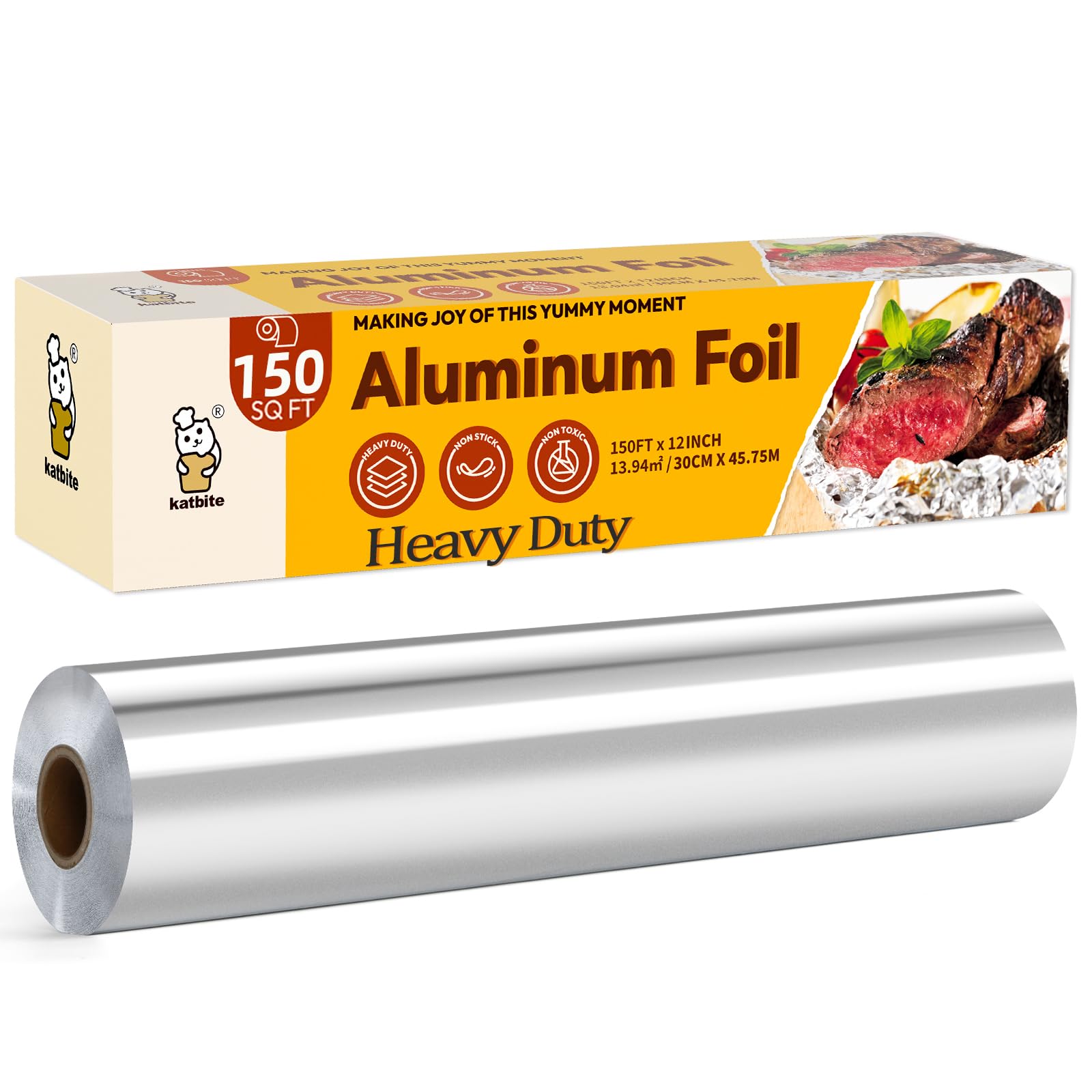 katbiteAluminum Foil Heavy Duty 12inx150ft, 25 Micron Thick Strong Foils Aluminum Roll with Serrated Cutter for Home Cooking, Catering, Grilling, Roasting, 150Sqft