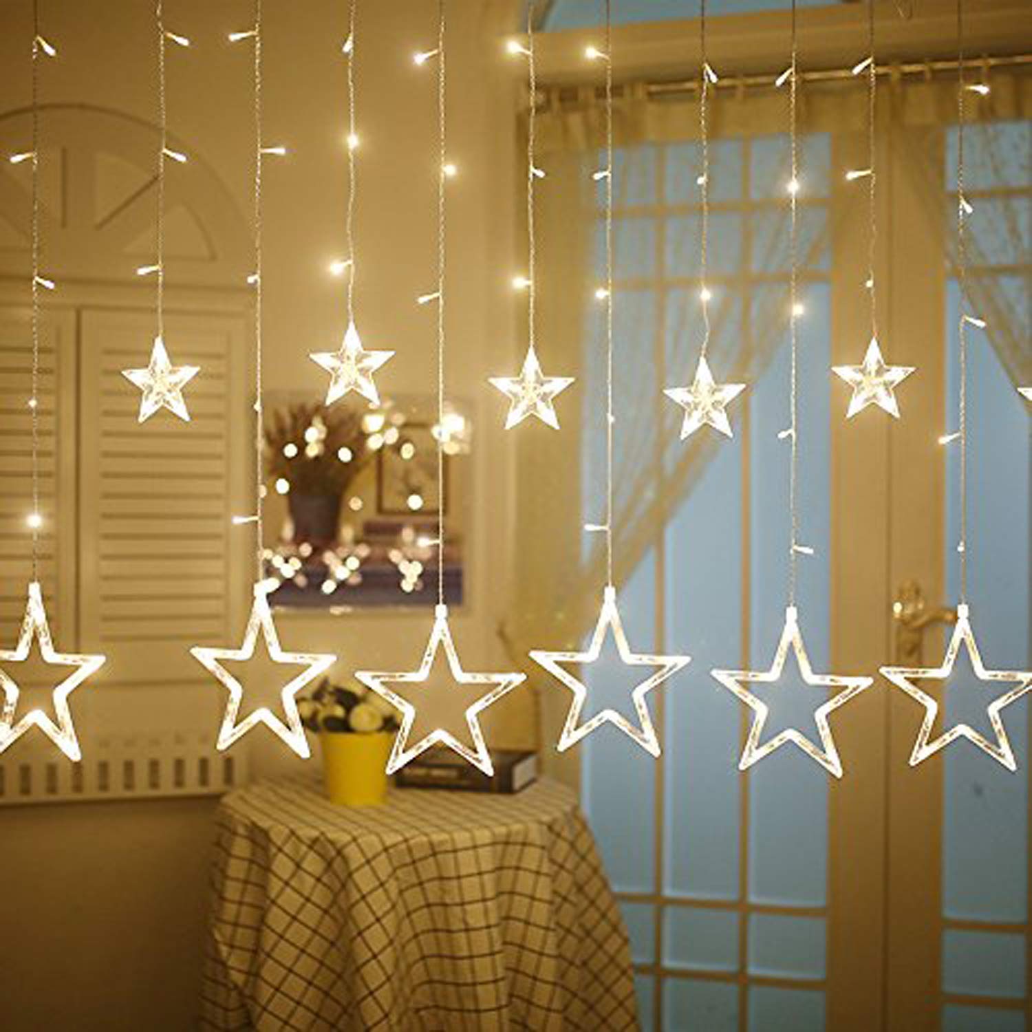 Kuber Industries Star Shape String Lights|6 Big and 6 Small Window Decoration Lights|String Fairy Lights for Christmas,Wedding Party,Diwali (Warm White)