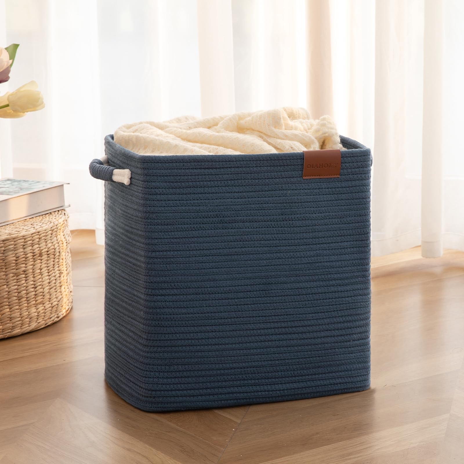 OIAHOMYWoven Storage Basket, Wicker Basket for Storage, Decorative Basket, Wicker laundry basket for Organizing, Rectangular Storage Bin, 16.5’’x11.8’’x15’’ Blanket Basket for Living Room, Blue