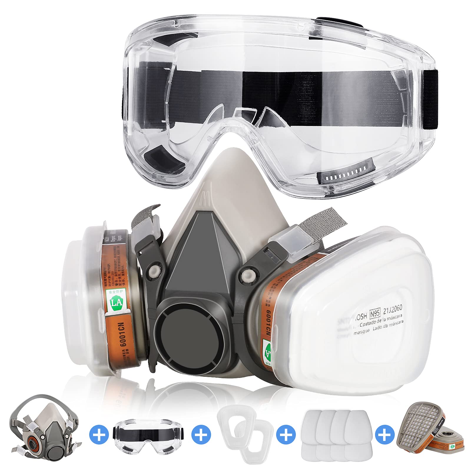 Reusable Half Facepiece Cover Set w/Safety Goggles & Filters Against Dust Organic Vapors Gas Pollen Chemicals Suitable for Painting Spraying Sanding Welding Woodworking Epoxy Resin & Other Protection