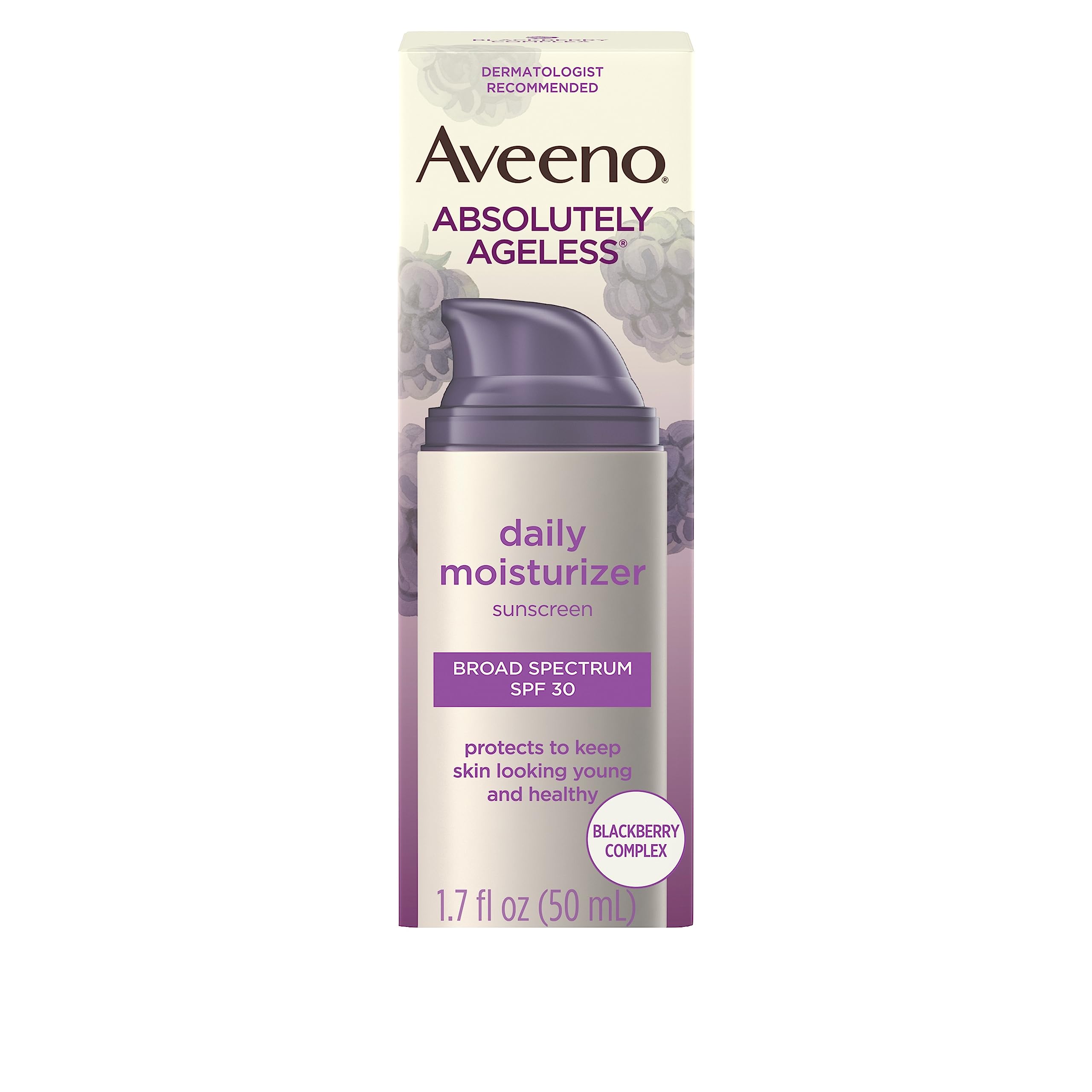 AveenoAbsolutely Ageless Daily Facial Moisturizer with Broad Spectrum SPF 30 Sunscreen, Antioxidant-Rich Blackberry Complex, Vitamins C & E, Hypoallergenic, Non-Comedogenic & Oil-Free, 1.7 fl. Oz