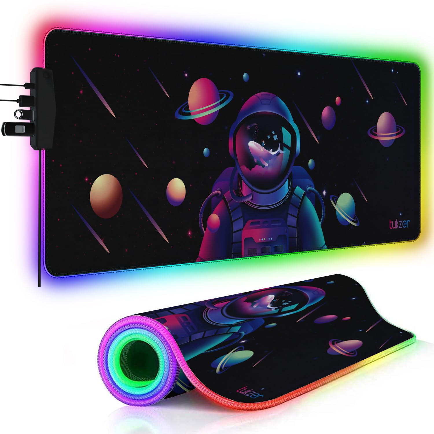 Tukzer RGB Retro Extended Gaming Mouse Pad, High-Speed Mouse Tracking & Control | LED Glowing Backlight 13 Modes with 4 USB| Desk Mat for Computer Laptop Keyboard (795 x 298 x 3.45mm, Astro Planet)