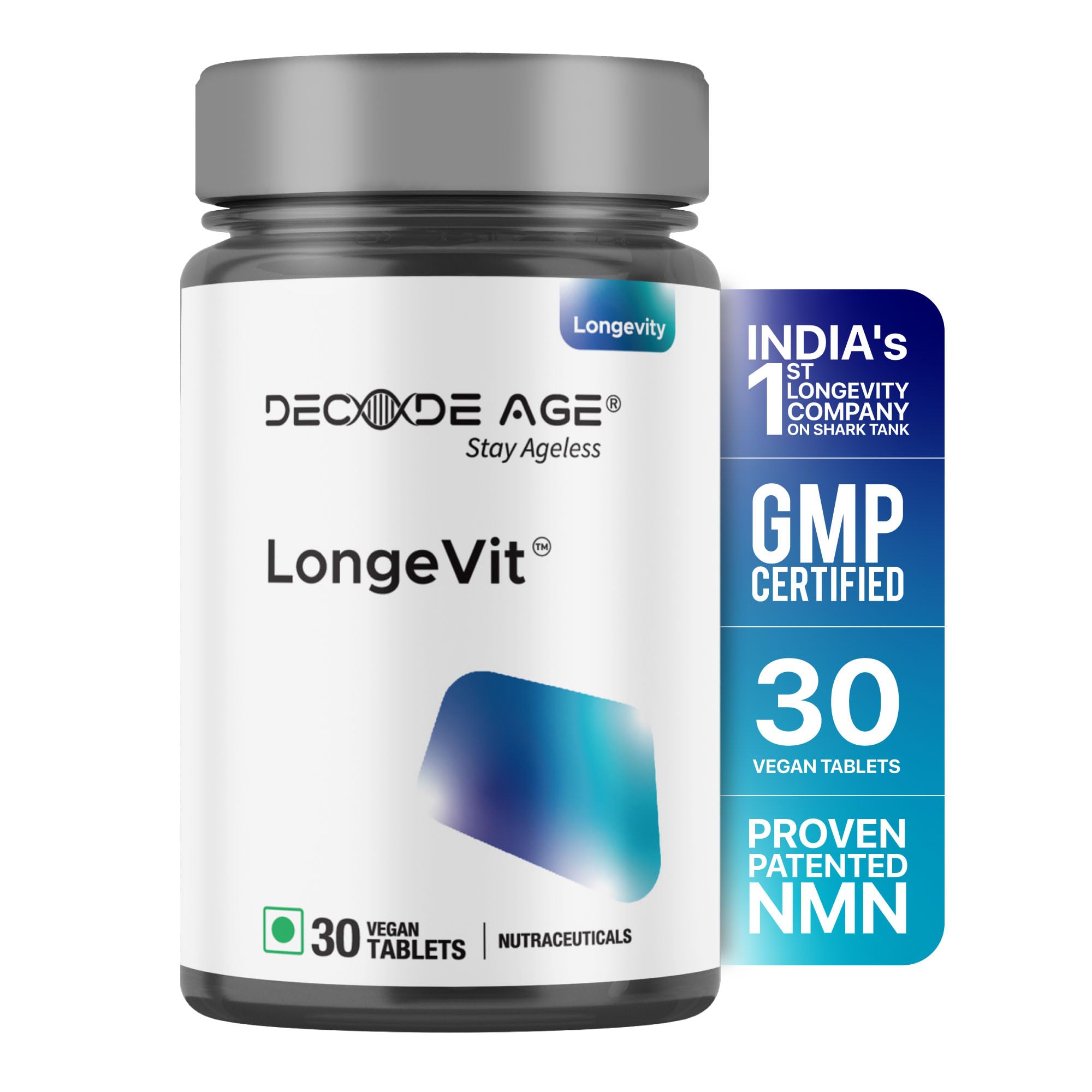 Decode Age LongeVit Supplement | Graceful Ageing | Boosts NAD+ | Energy Levels |Endurance| Overall Health | Recovery (30 Vegan Tablets)