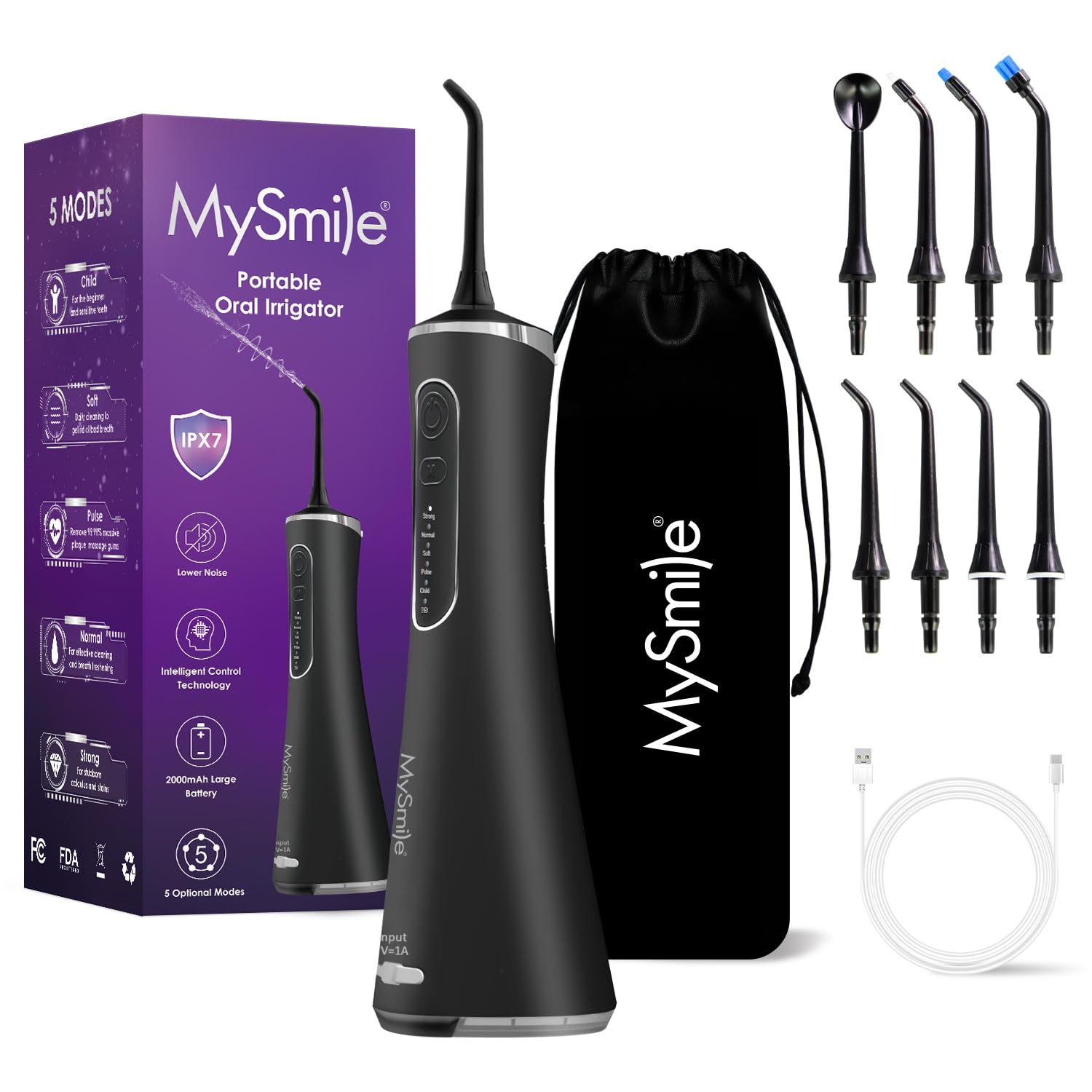 MySmile LP211 Cordless Advanced Water Flosser for Teeth, 5 Cleaning Modes Rechargeable Power Dental Flosser 8 Replacement Jet Tips IPX 7 Waterproof Dental Irrigador with Portable Travel Storage Pouch