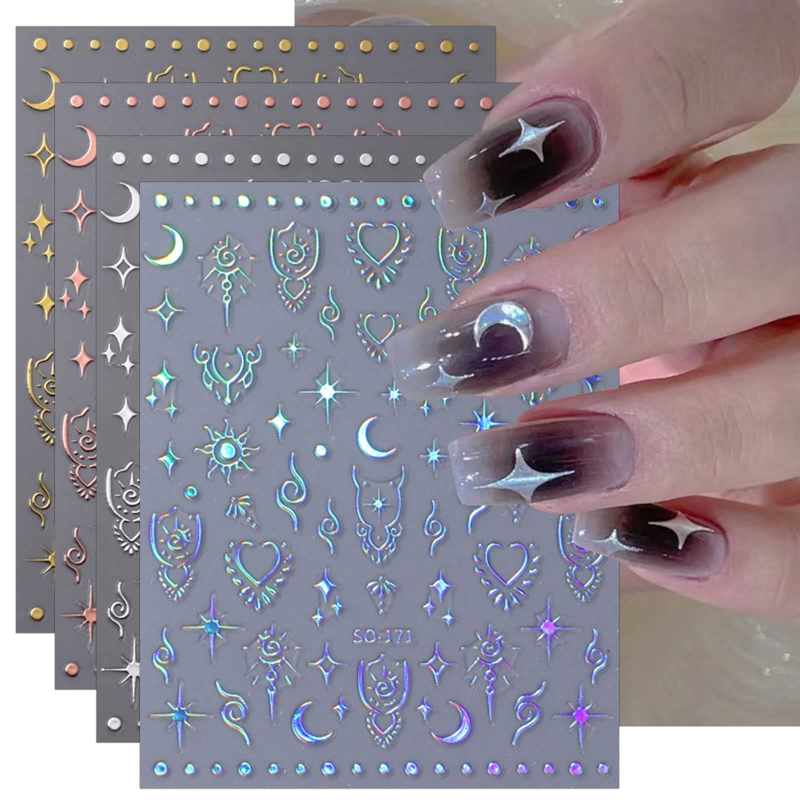 JMEOWIO 8 Sheets Aurora Holographic Moon Star Nail Art Stickers Decals Self-Adhesive Colorful Nail Supplies Nail Art Design Decoration Accessories