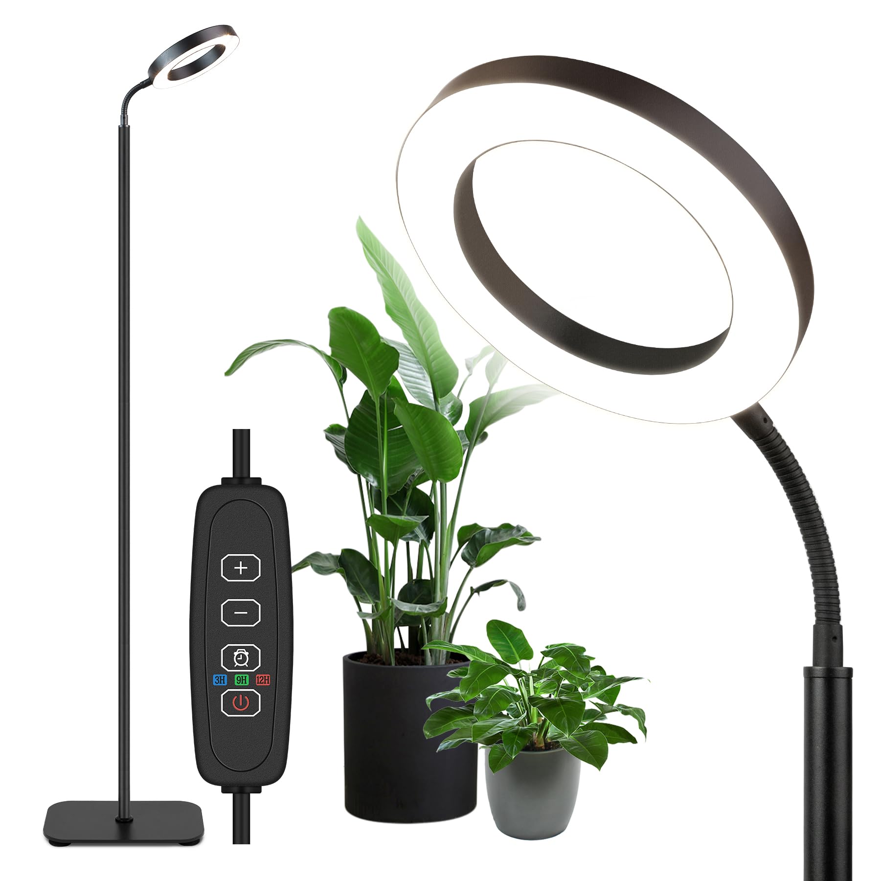 Grow Light for Indoor Plants, Floor Full Spectrum Plant Lights with Stand,Large Growing Lamps with Automatic Timer,60 Inch Height Adjustable,10 Level Dimmable,Black Halo Led Growth Lamp