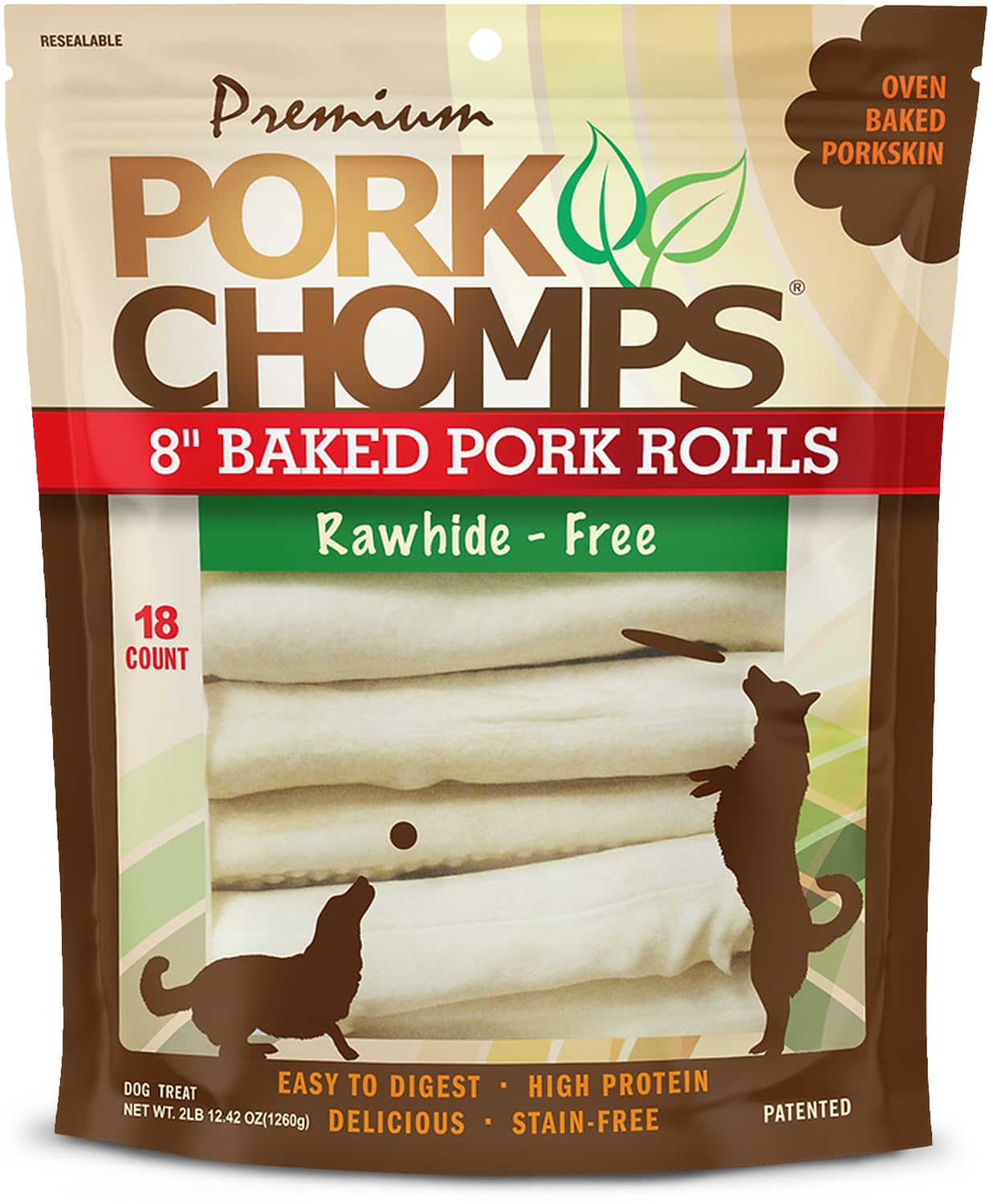 Pork Chomps Baked Pork Skin Dog Chews, 8-inch Rolls, 18 Count (Pack of 1)