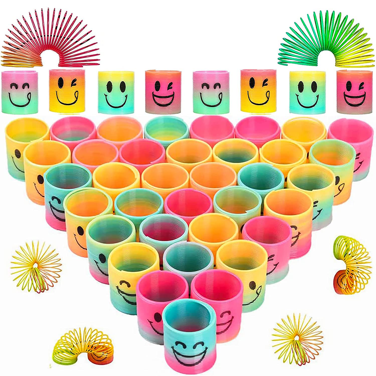 BABYGMini Slinky Rainbow Springs Toy for Party Bag Fillers,24pcs Coil Mini Springs Bulk Toys,Fidget Smile Face Stretchy Toys,Classroom Prizes for Kids Boys Girls Pinata Party Favour Stocking Fillers